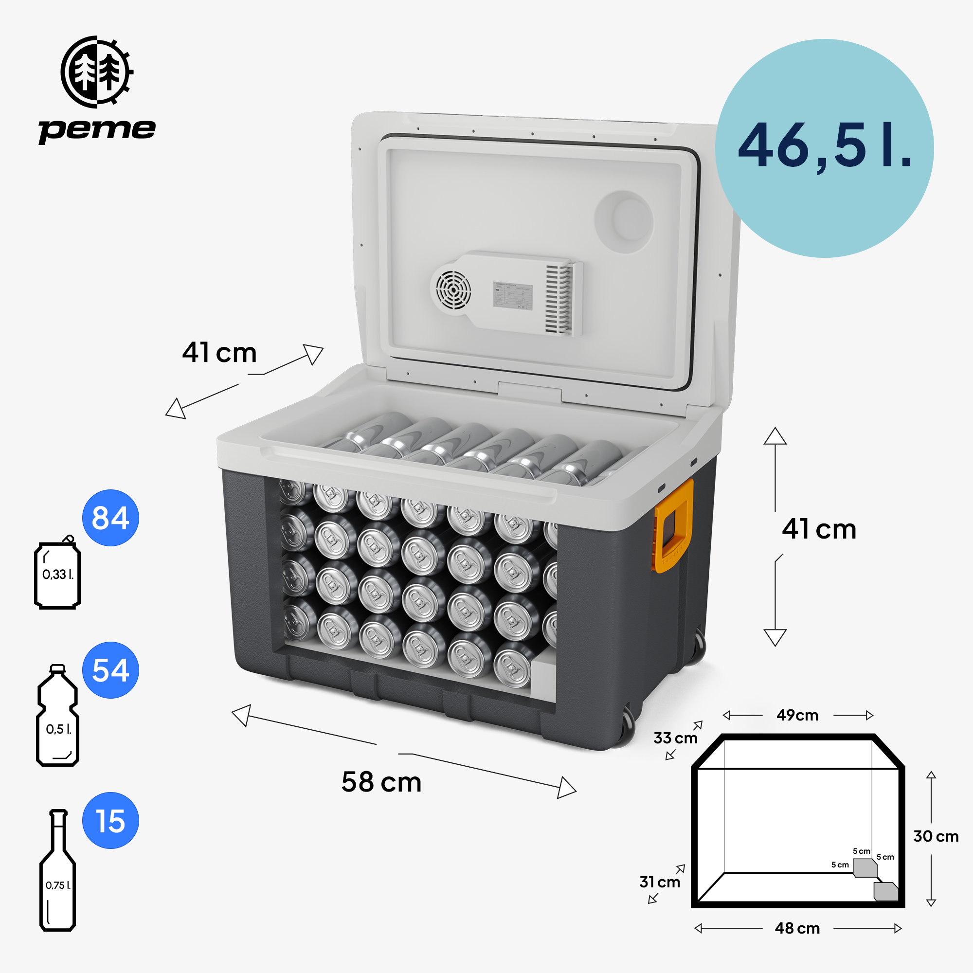 Kühler gefüllt mit Getränkedosen, Abmessungen angezeigt. Fassungsvermögen 46,5L. Logo: peme.