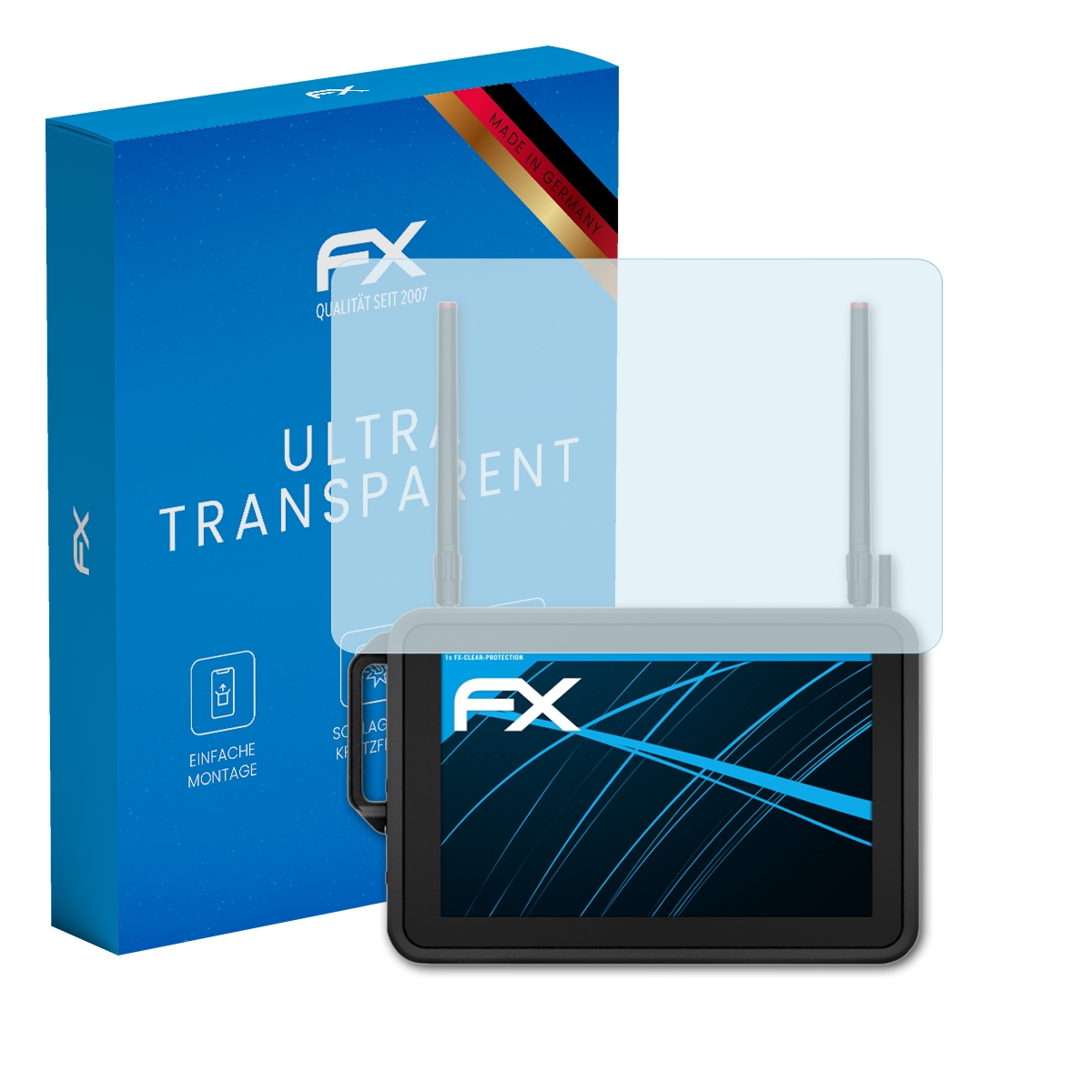 Tablet mit Displayschutz und Box. Box sagt 'Ultra Transparent' und 'Made in Germany'.