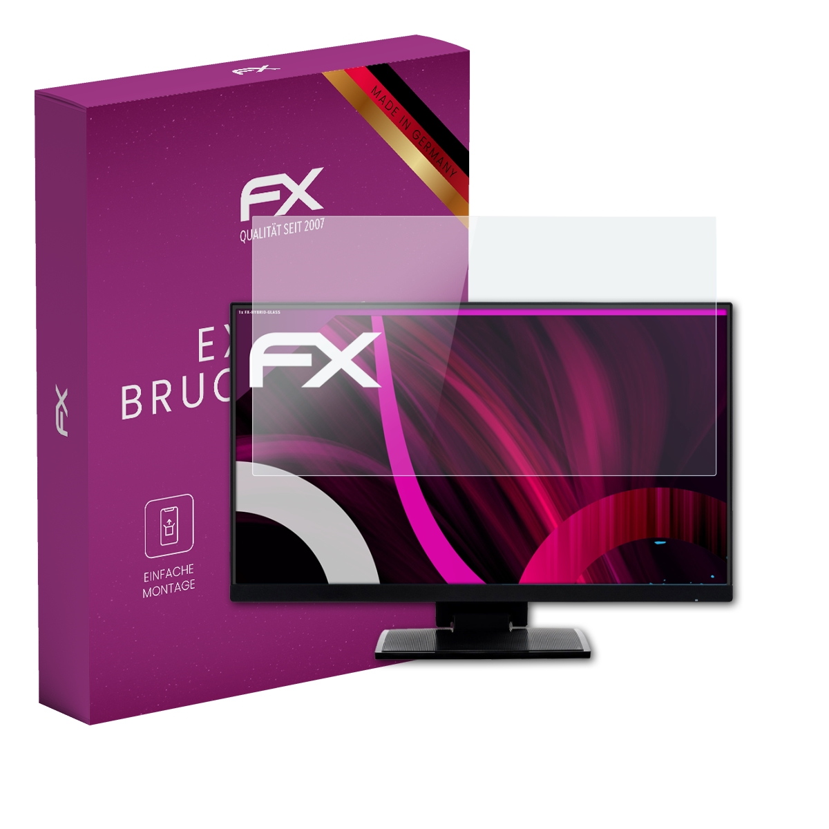 Violette Box und Displayschutz über einem Monitor mit farbenfroher Anzeige.