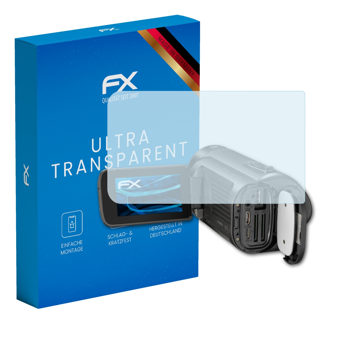 Blaue Box, Videokamera, Schutz. Box sagt 'ULTRA TRANSPARENT'. Schutz auf dem Kamerabildschirm.