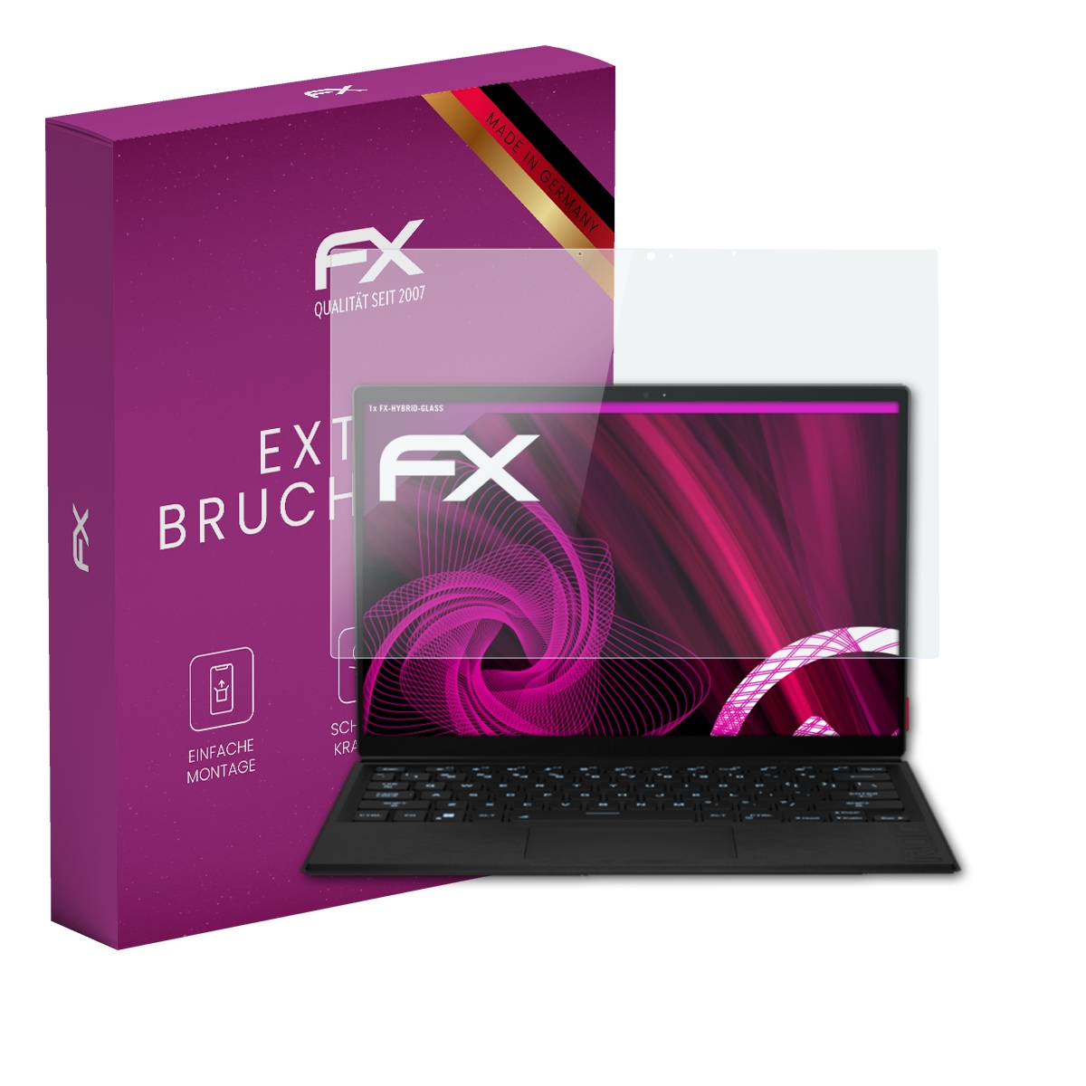 Laptop mit Displayschutz, lila Box mit FX-Logo, Text 'Made in Germany'.