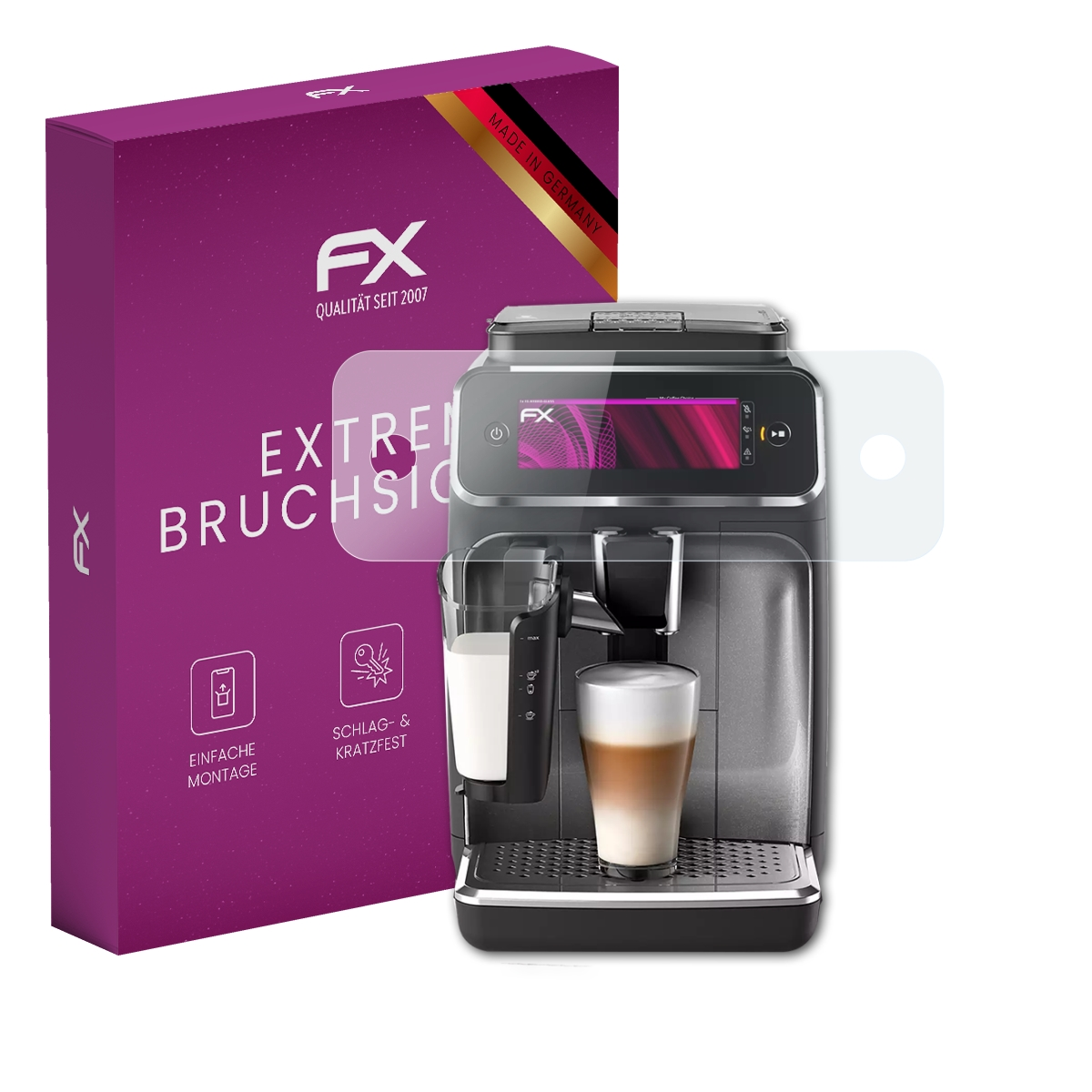 Eine Kaffeemaschine mit Displayschutz und eine lila Box mit 'Extrem Bruchsic'.