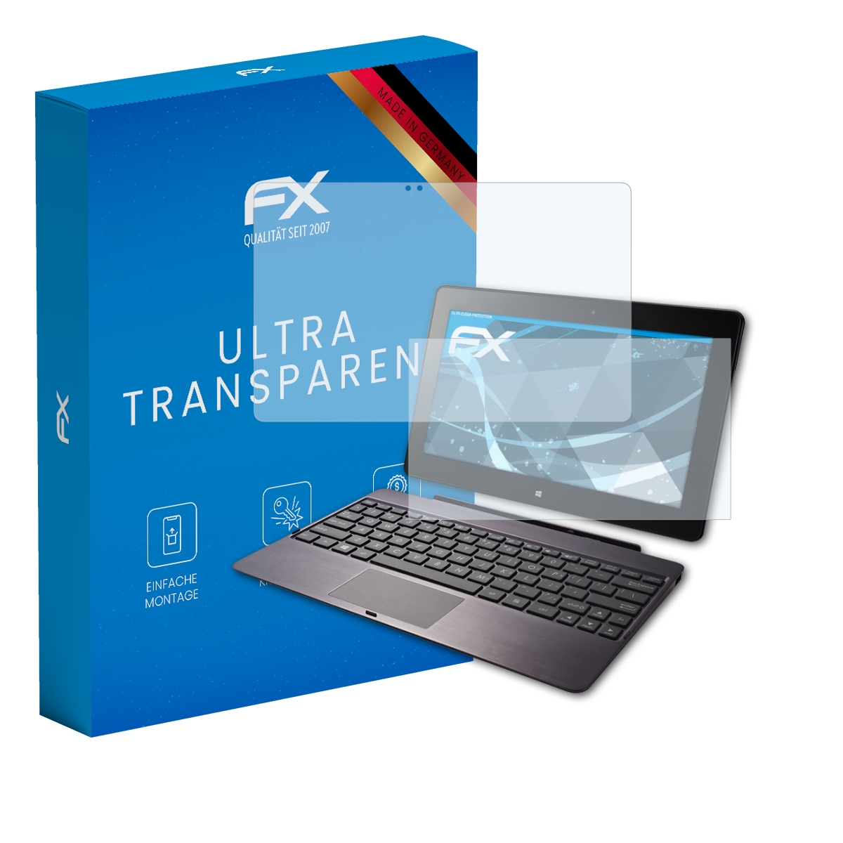 Laptop mit Displayschutz und Box. Box hat FX-Logo und sagt 'Made in Germany'.