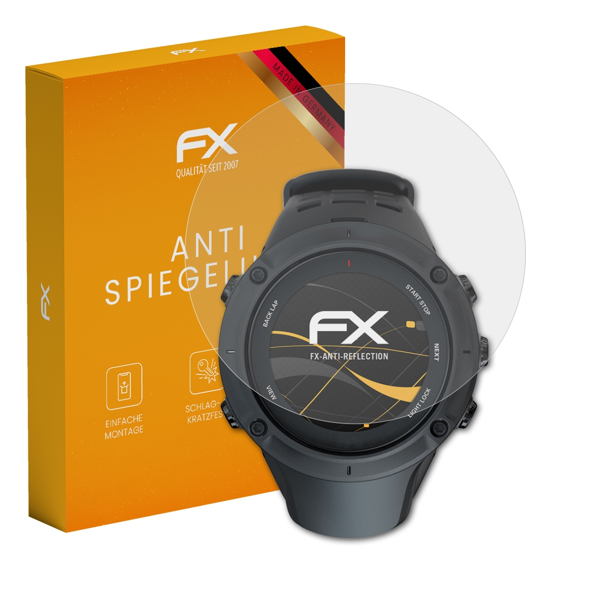 Eine Smartwatch und eine Box mit 'Anti Spiegelu'-Text und einem Displayschutz.