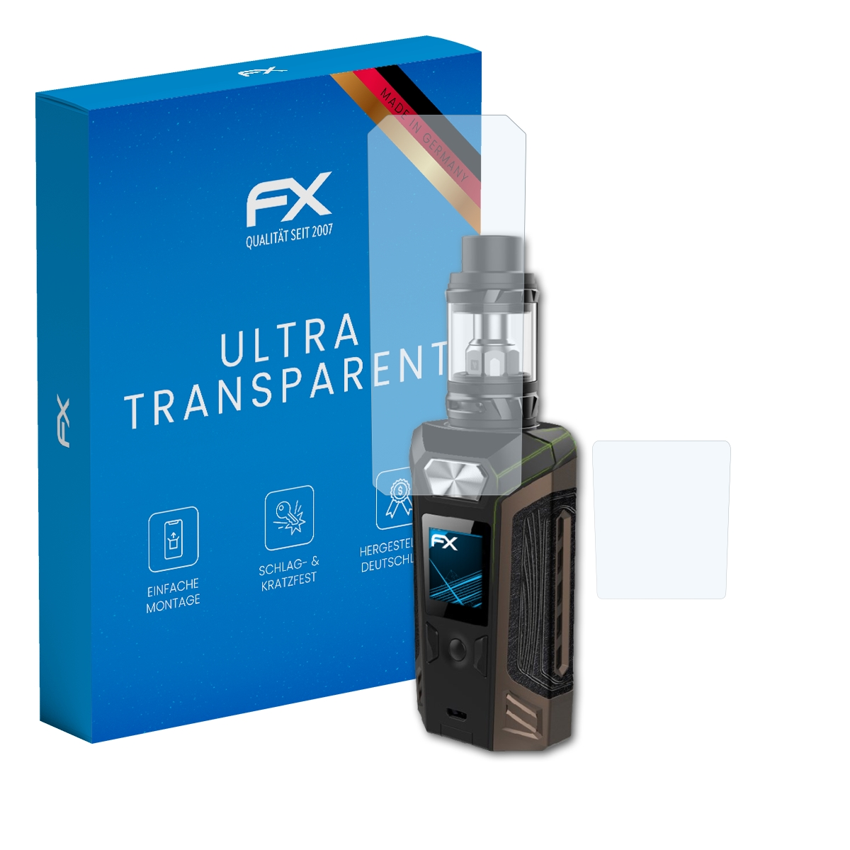Eine E-Zigarette und eine Box mit dem Text 'Ultra Transparent' sind zu sehen.