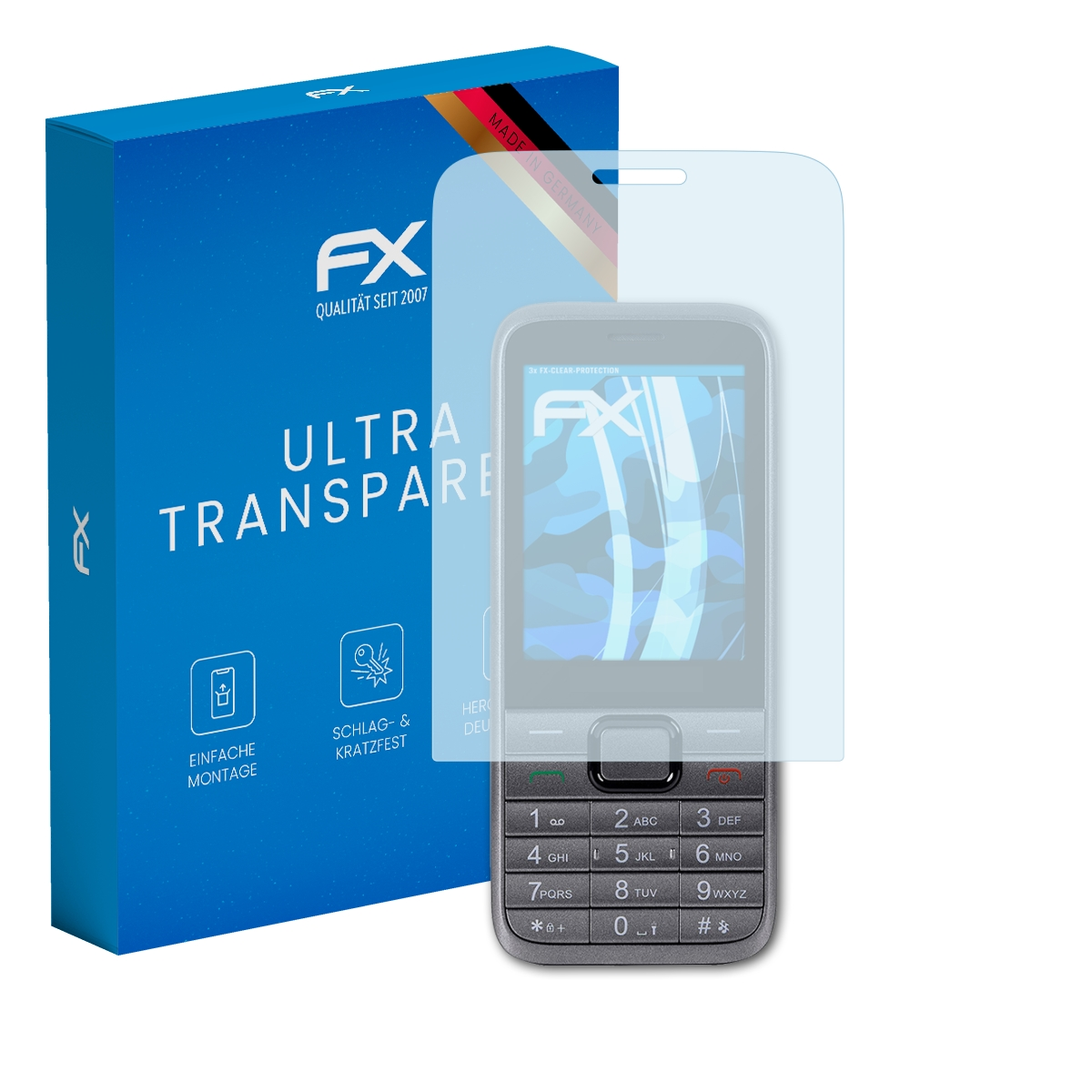 Telefon mit Displayschutzfolie und einer blauen Box mit weißem Text.
