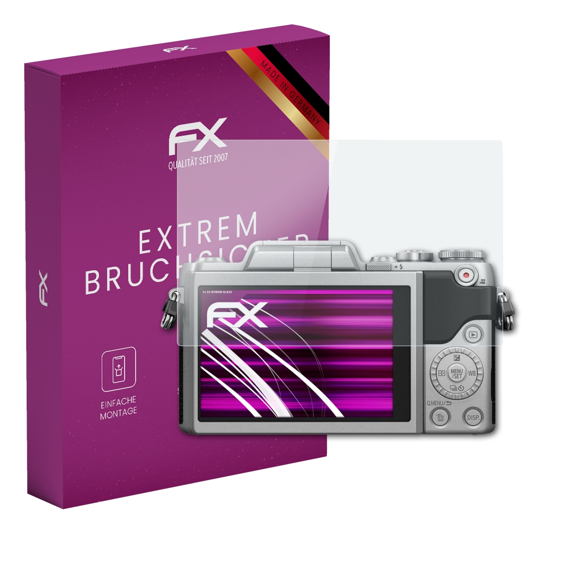 Eine lila FX-Box neben einer silbernen Digitalkamera mit einer auf dem Display angebrachten Displayschutzfolie.