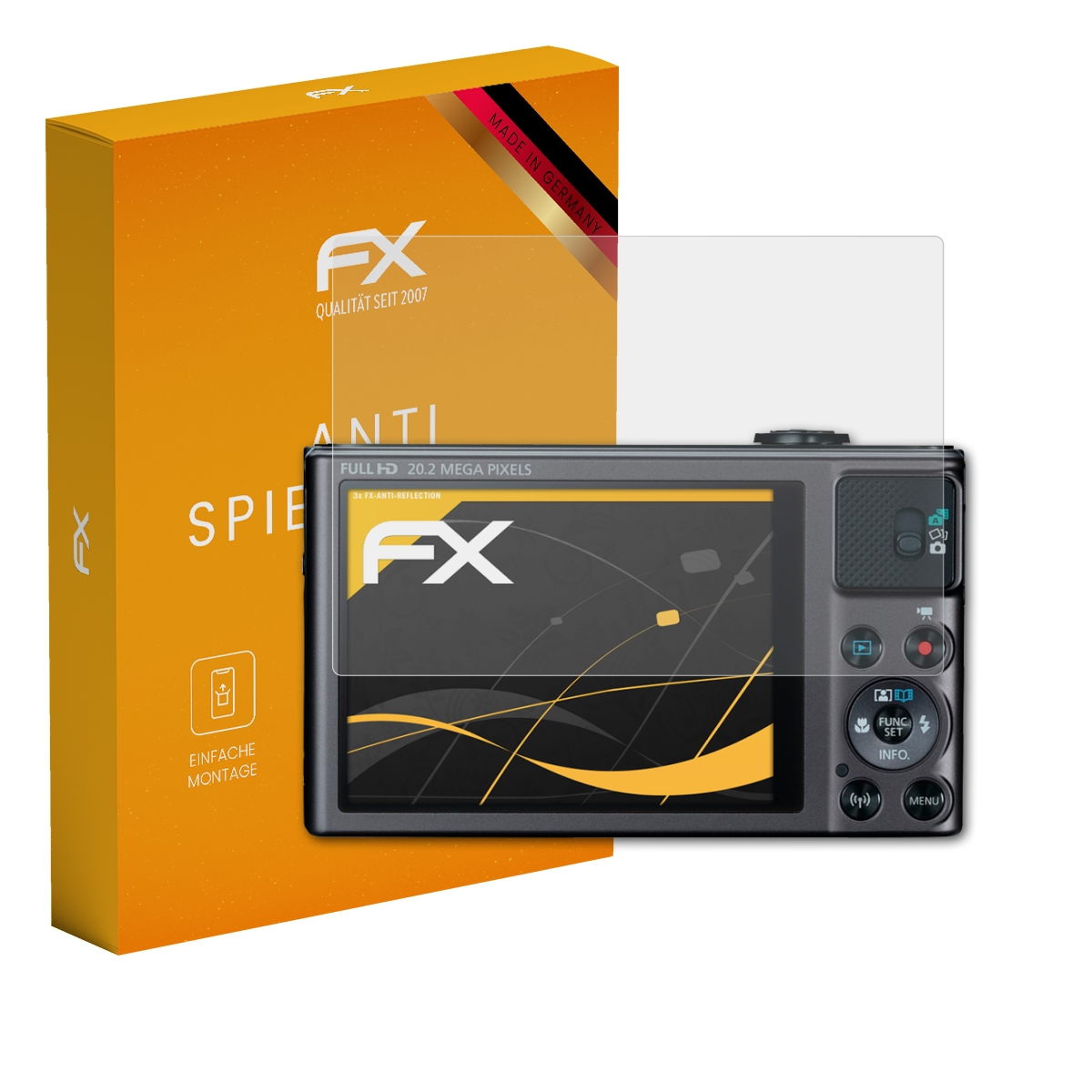 Eine orangefarbene Schachtel und eine Kamera mit Displayschutzfolie. Die Kamera hat ein Display und Knöpfe.