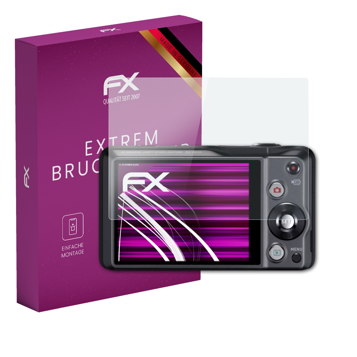 Eine Kamera mit Displayschutzfolie und einer lila Box.