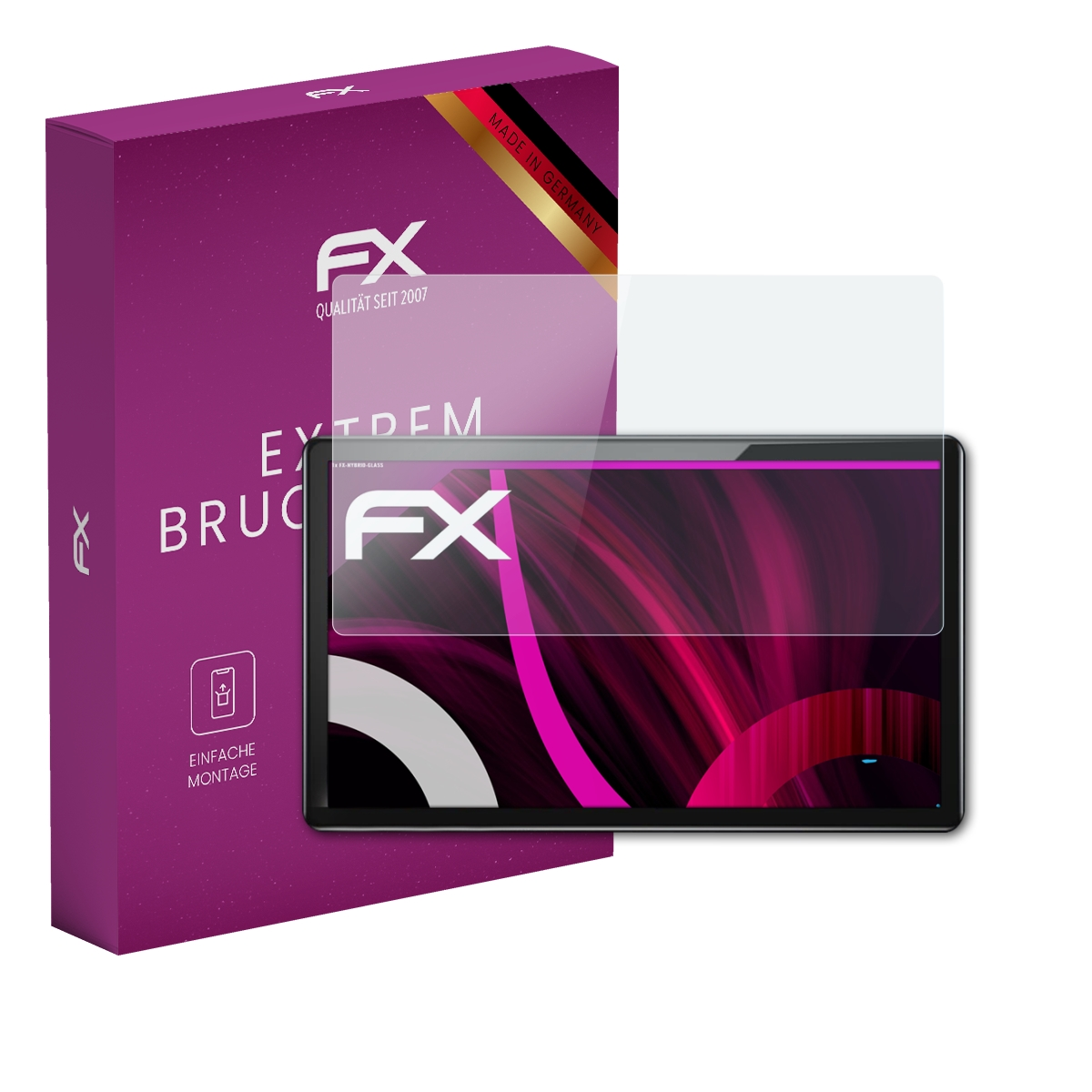 Box und Tablet mit Displayschutz. Tablet zeigt Grafik. Box hat Produktinfo und FX-Logo.