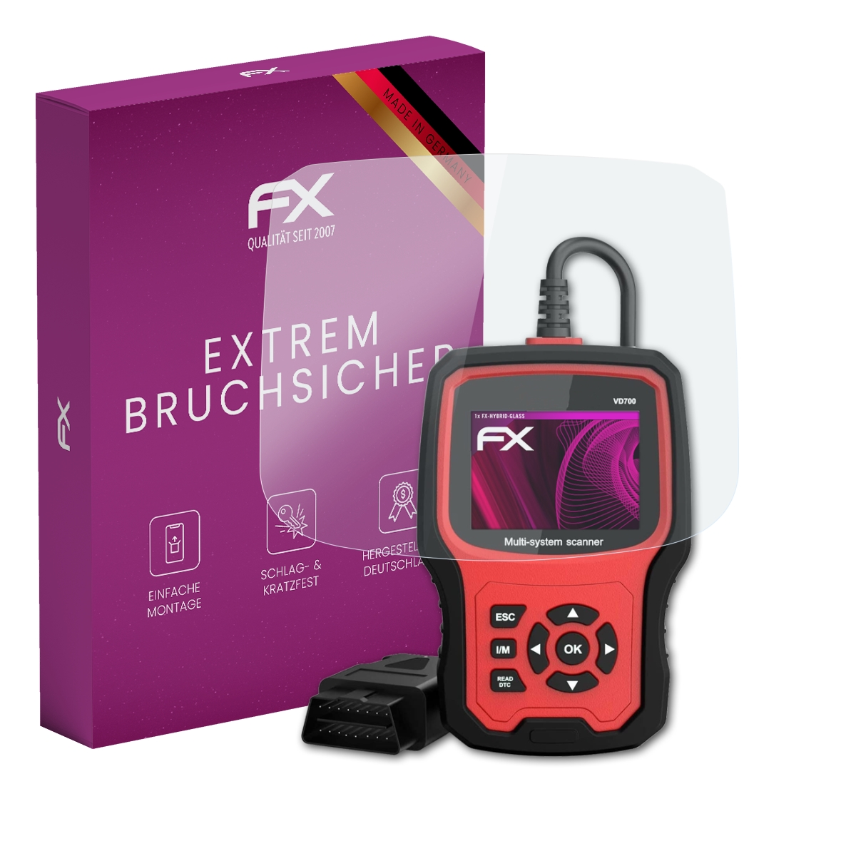 Ein Displayschutz, FX, wird mit einem Diagnosewerkzeug und einer Box angezeigt. Das Werkzeug hat einen roten Bildschirm.