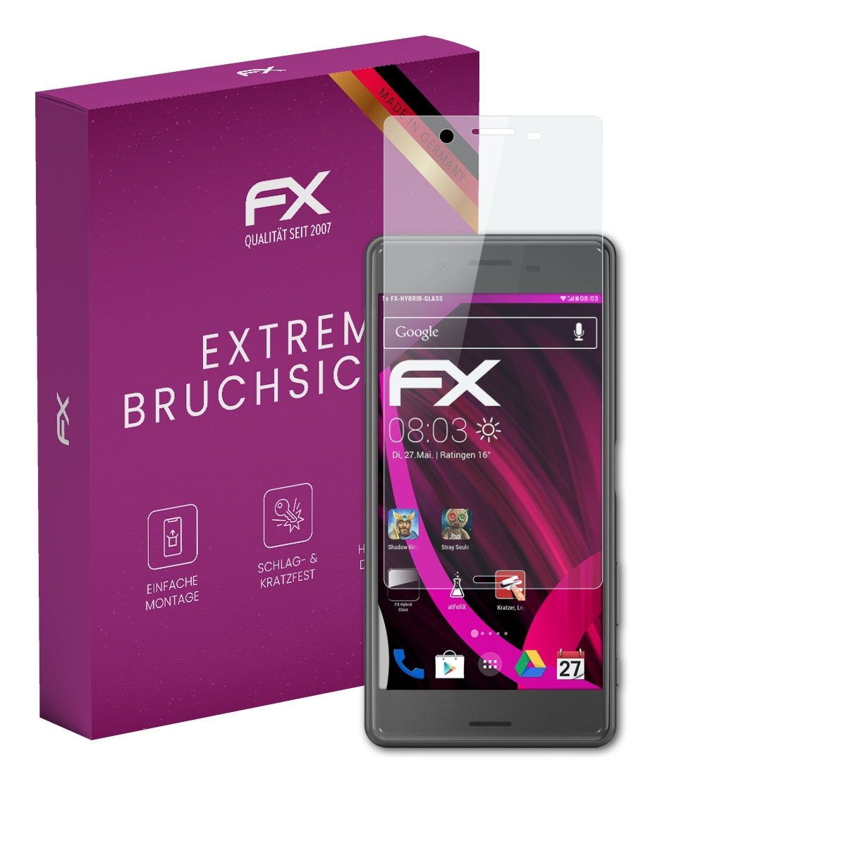 Smartphone mit Displayschutz und lila Box. Bildschirm zeigt Apps und Uhrzeit. Text: 'Extreme Bruchsic'.