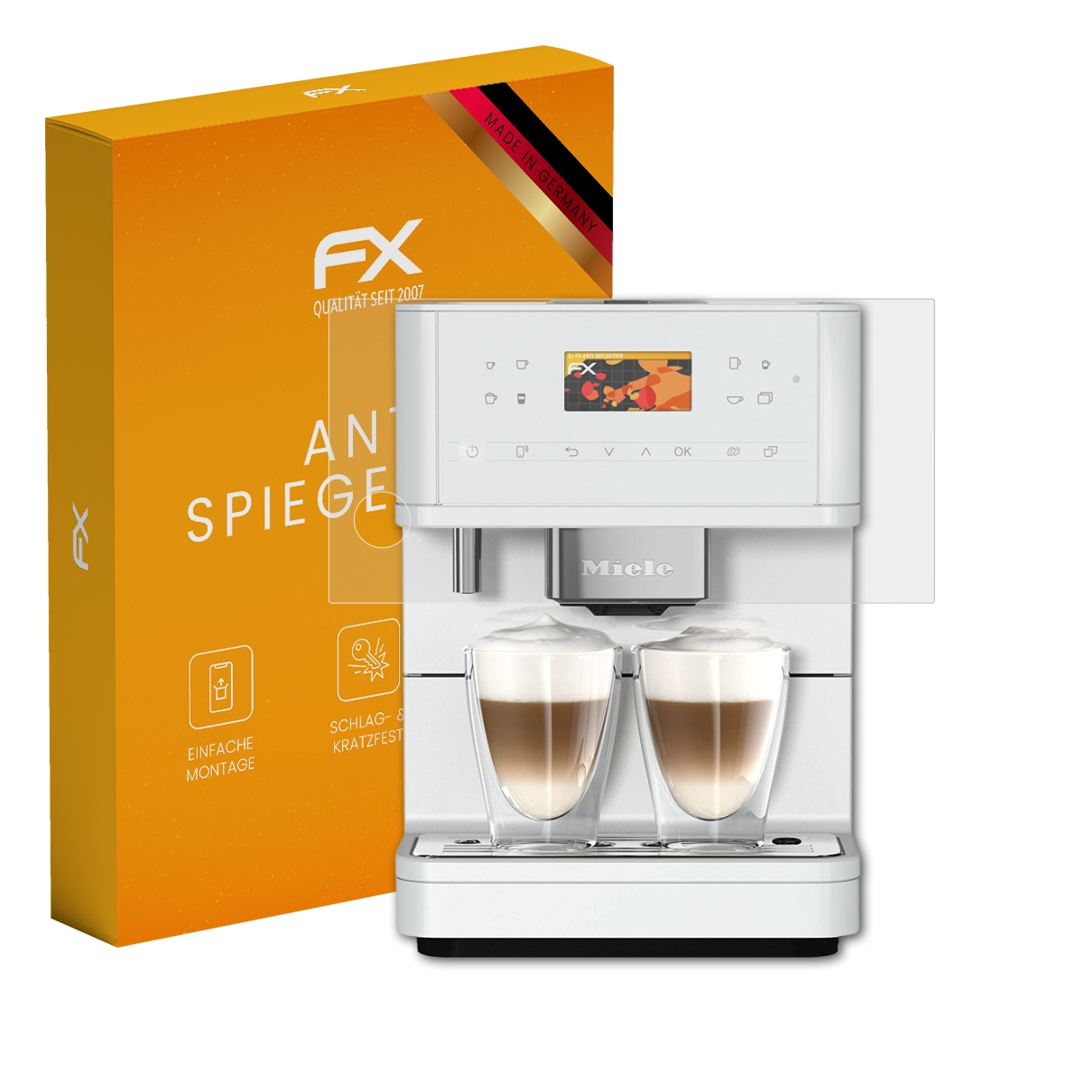 Orange Box, Kaffeemaschine und Displayschutz. Text: Anti Spiegelung. Marke: FX.
