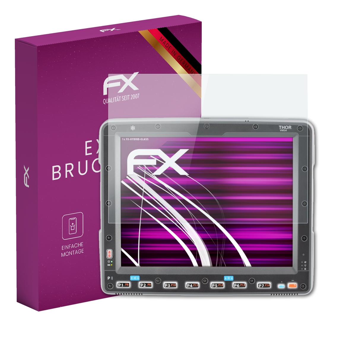 Tablet mit Displayschutzfolie und lila Box. Die Box hat FX-Logo und Text 'EXTREM BRUCHSIC'.