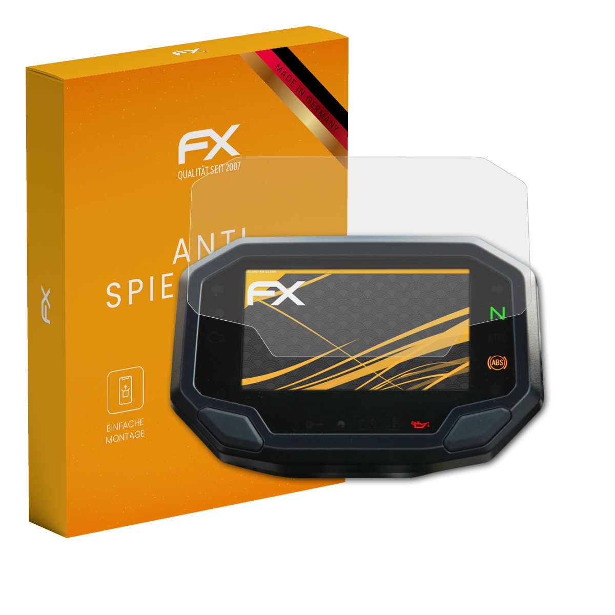 Ein Motorraddisplay, Displayschutz und eine Schachtel. Die Schachtel ist orange, mit weißem Text. Das Display ist schwarz.