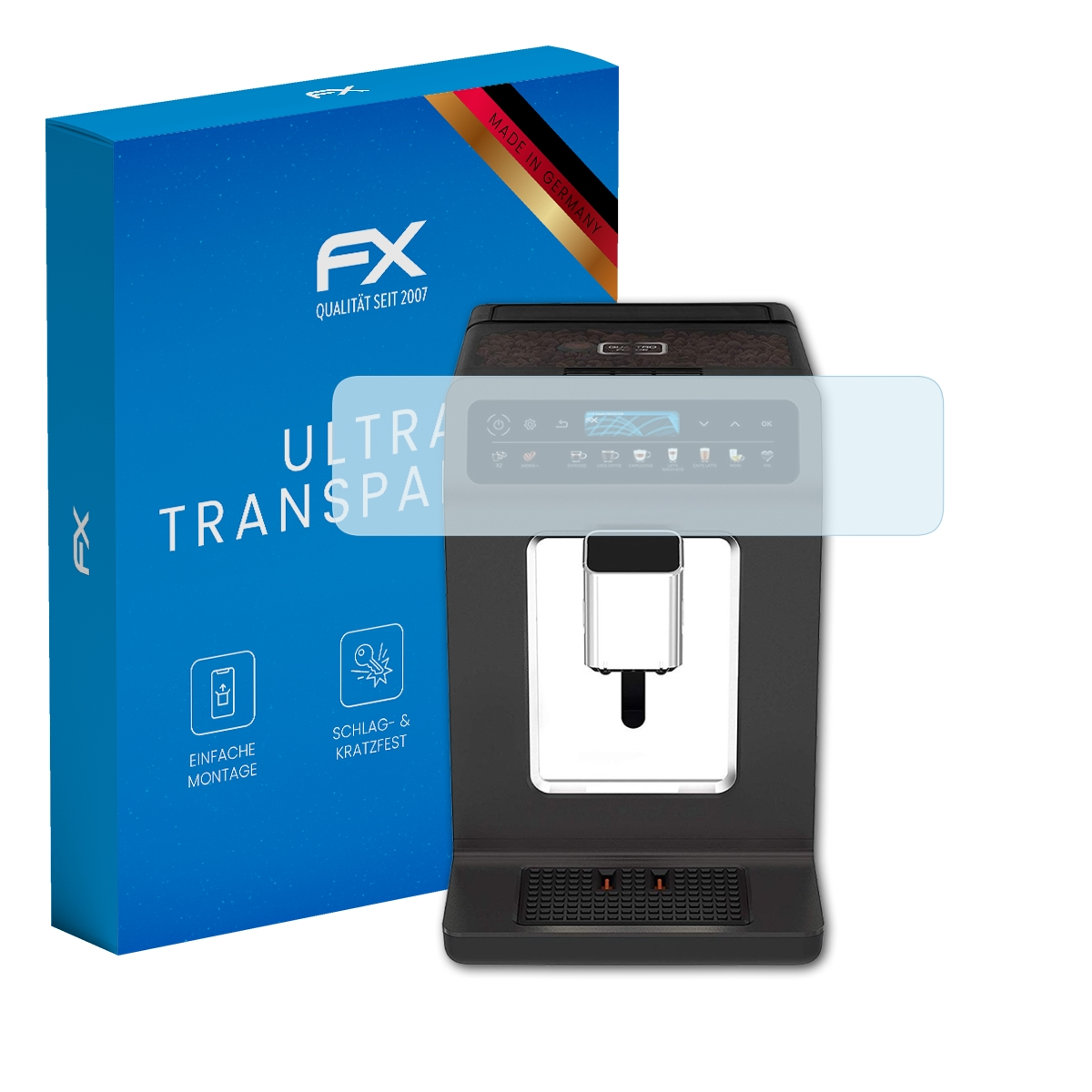 Blaue Schachtel und Displayschutzfolie auf einer Kaffeemaschine mit beleuchtetem Display.