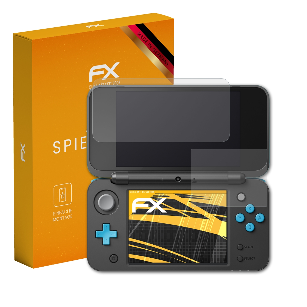 Handheld-Spielekonsole mit Displayschutzfolie und Box, die ihr Dual-Screen-Design zeigt.