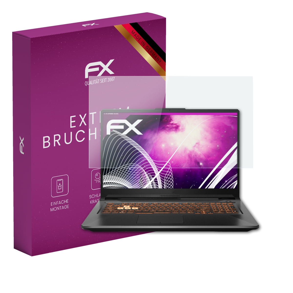 Laptop mit Displayschutzfolie und Box, das einen lebendigen Hintergrund zum Thema Galaxie zeigt.