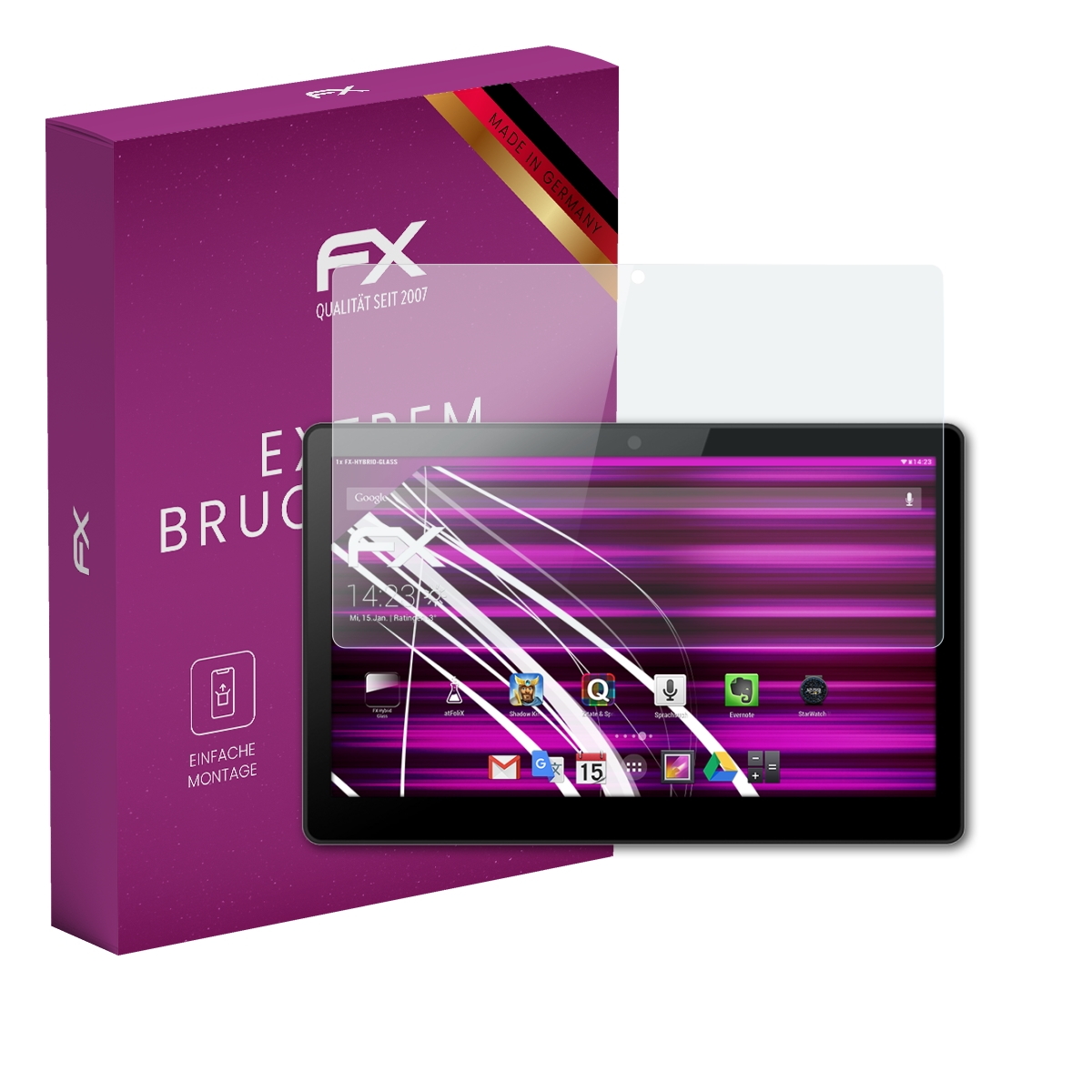 Tablet mit Displayschutz, lila Box mit Text und Logo. Made in Germany Etikett.