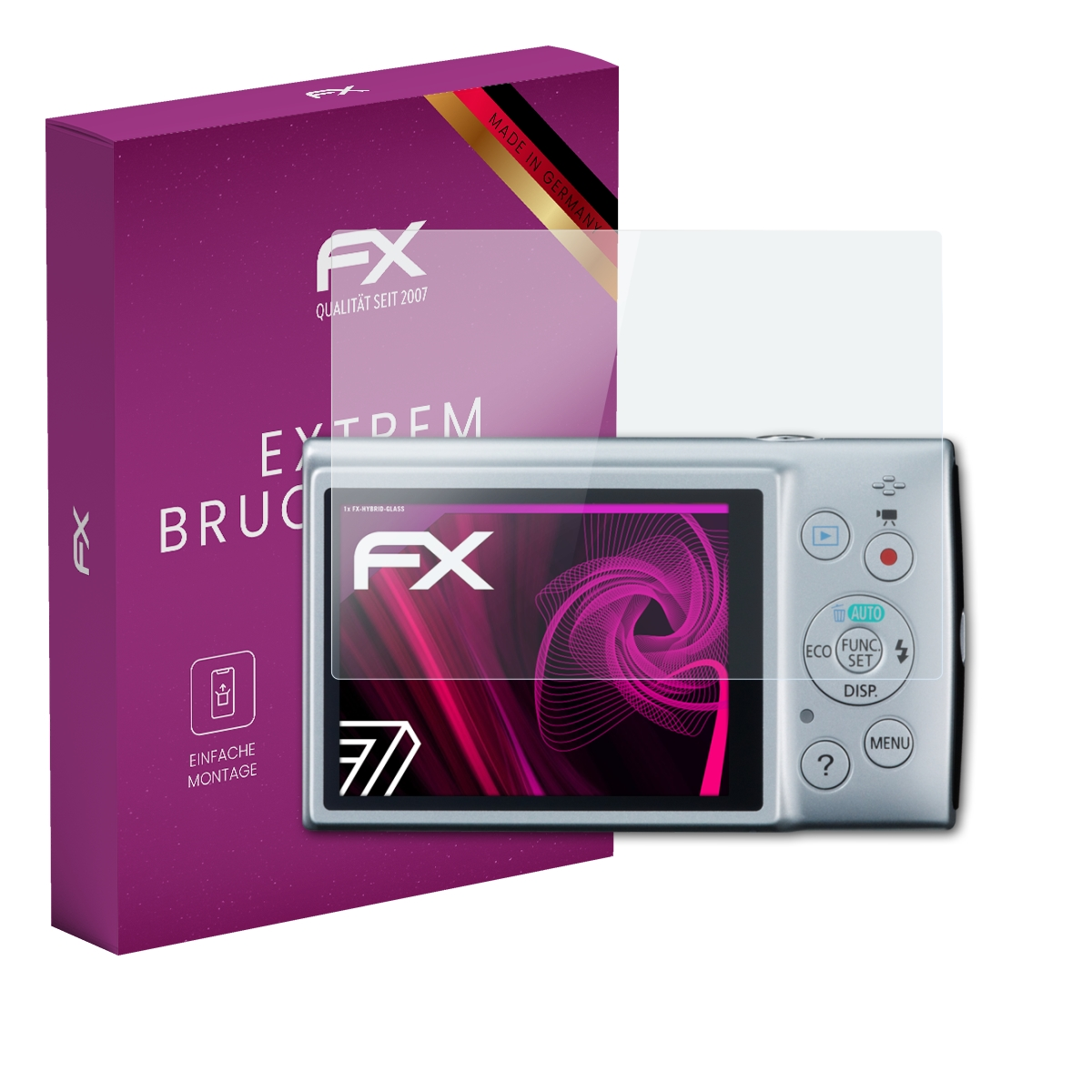 Eine Kamera mit Displayschutz neben einer lilafarbenen Box. Beide haben das FX-Logo.