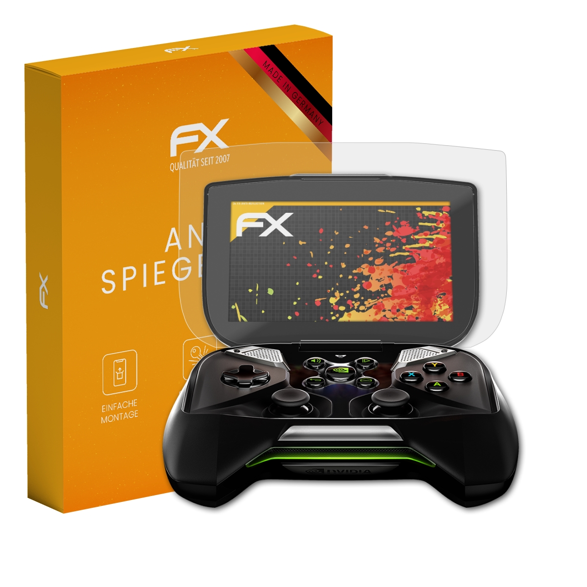Spielcontroller mit Displayschutz und Box. Bildschirm zeigt Spieloberfläche.