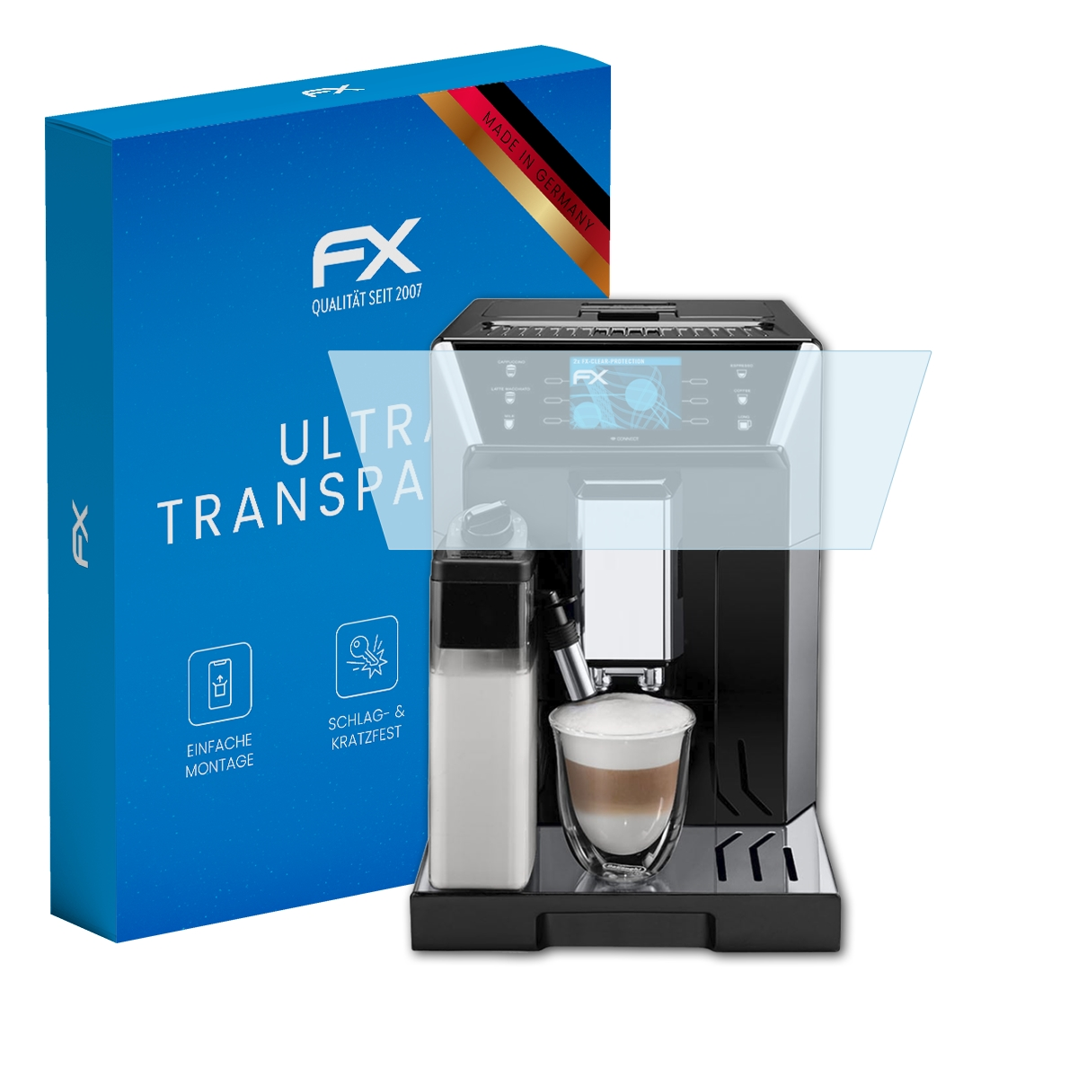 Blaue Box mit Kaffeemaschine, Displayschutzfolie und Kaffee mit Schaum.