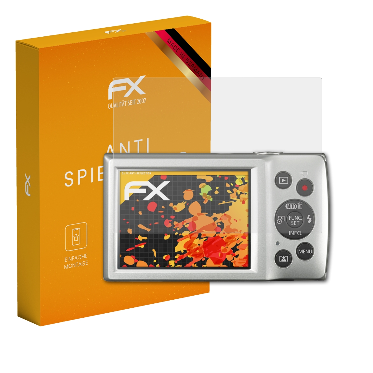 Eine Kamera mit einem Displayschutz-Kit und einer orangefarbenen Box links.
