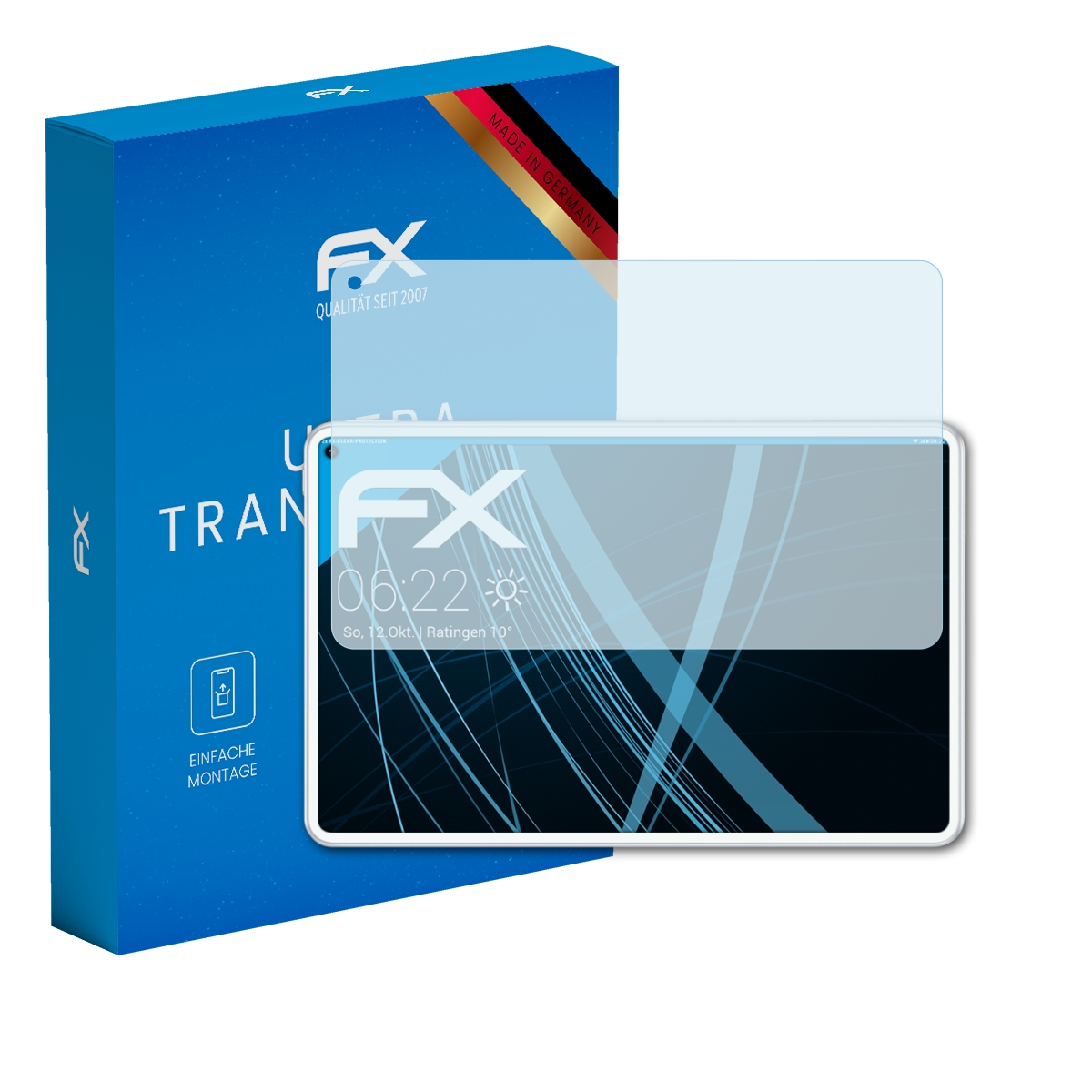 Tablet mit Displayschutzfolie und blauer Box mit Text und Logo, alles auf weißem Hintergrund.