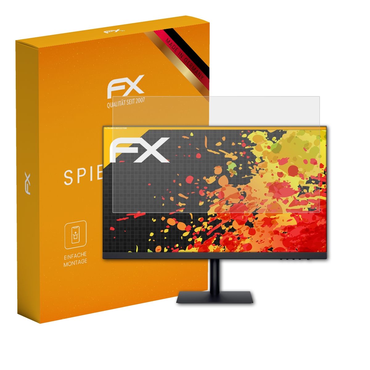 Monitor mit Displayschutz, Box mit Text und Logo.
