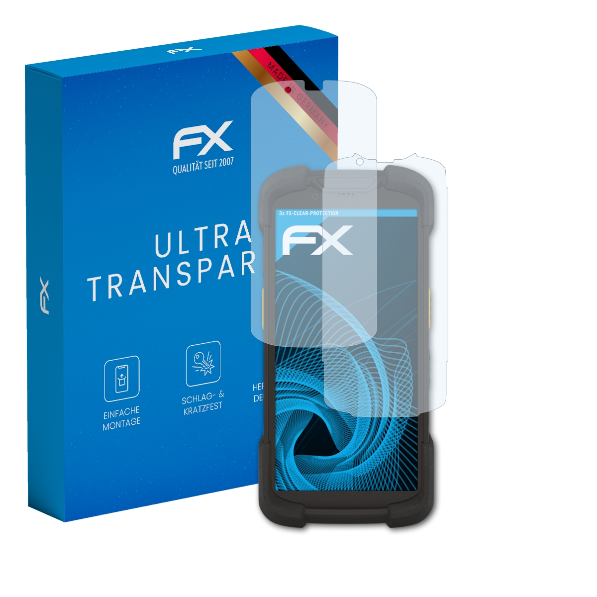 Robustes Telefon mit Displayschutz, Box und Logo.