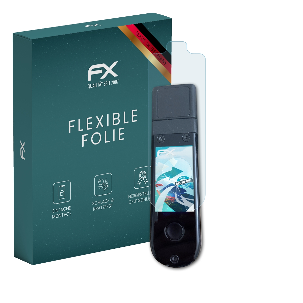 Schwarzer MP3-Player mit Displayschutz und türkisfarbener Box, 'FX'-Logo.
