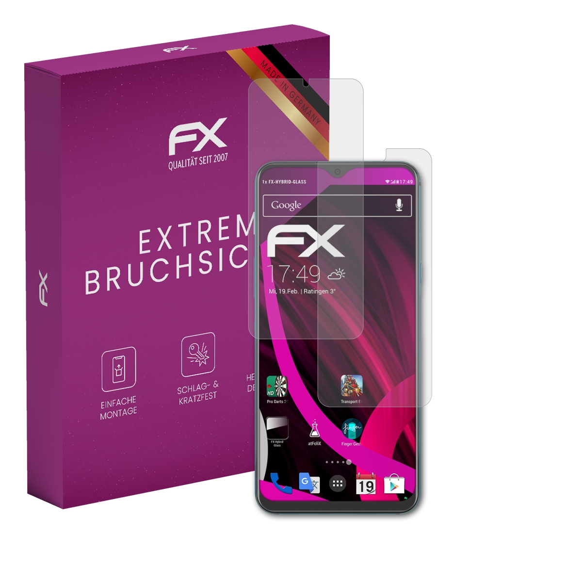 Telefon mit Displayschutz, Box mit 'EXTREM BRUCH'. Hergestellt in Deutschland.