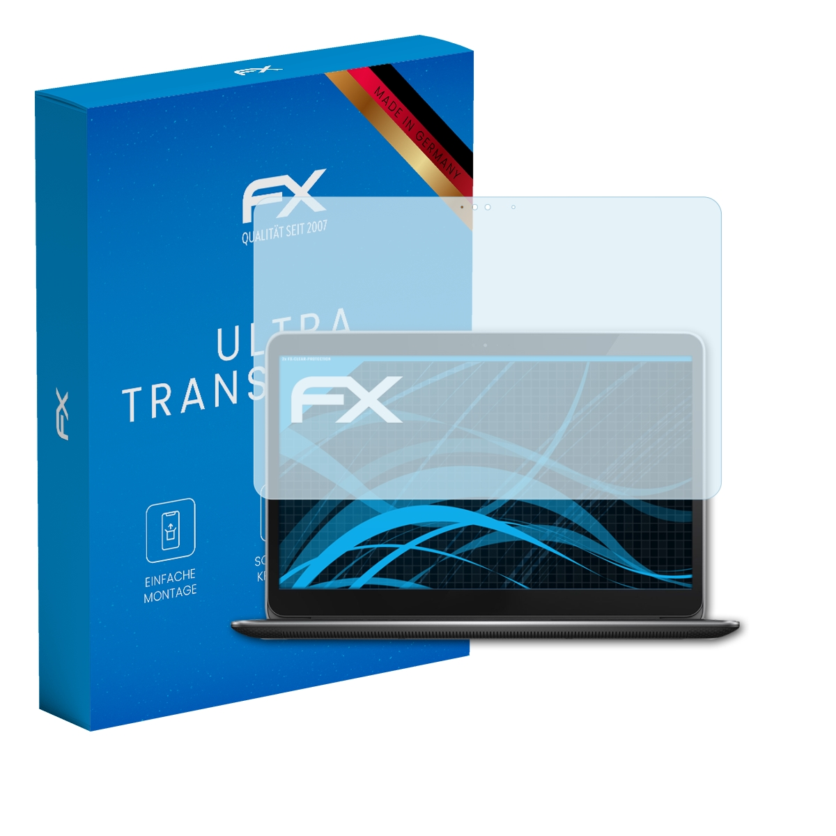 Ein Laptop mit Displayschutzfolie und Box. Auf der Box steht 'FX' und 'Made in Germany'.