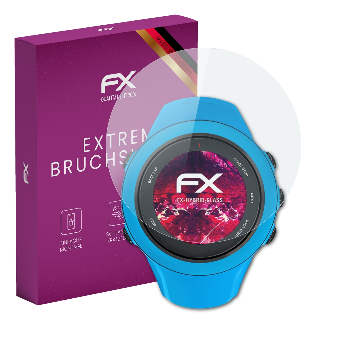 Smartwatch, Displayschutzfolie und lila Schachtel mit weißem FX-Logo. Made in Germany. Extreme Bruchsic.