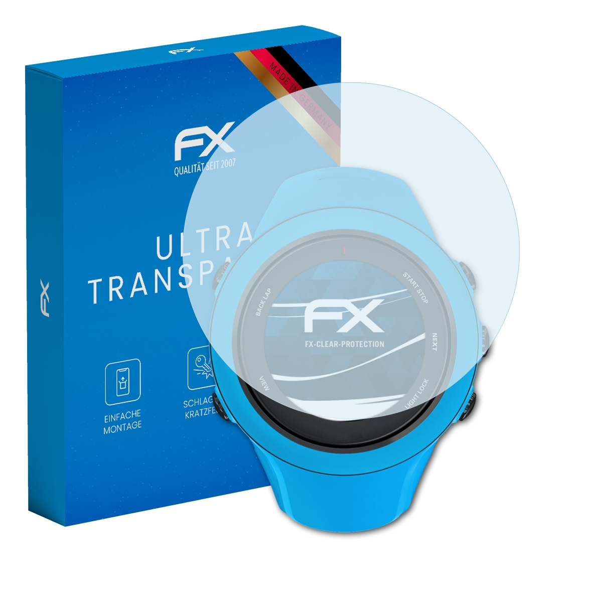 Smartwatch mit Schutzfolie, Box links. Box Text: FX, ULTRA TRANSPAR, MADE IN GERMANY.