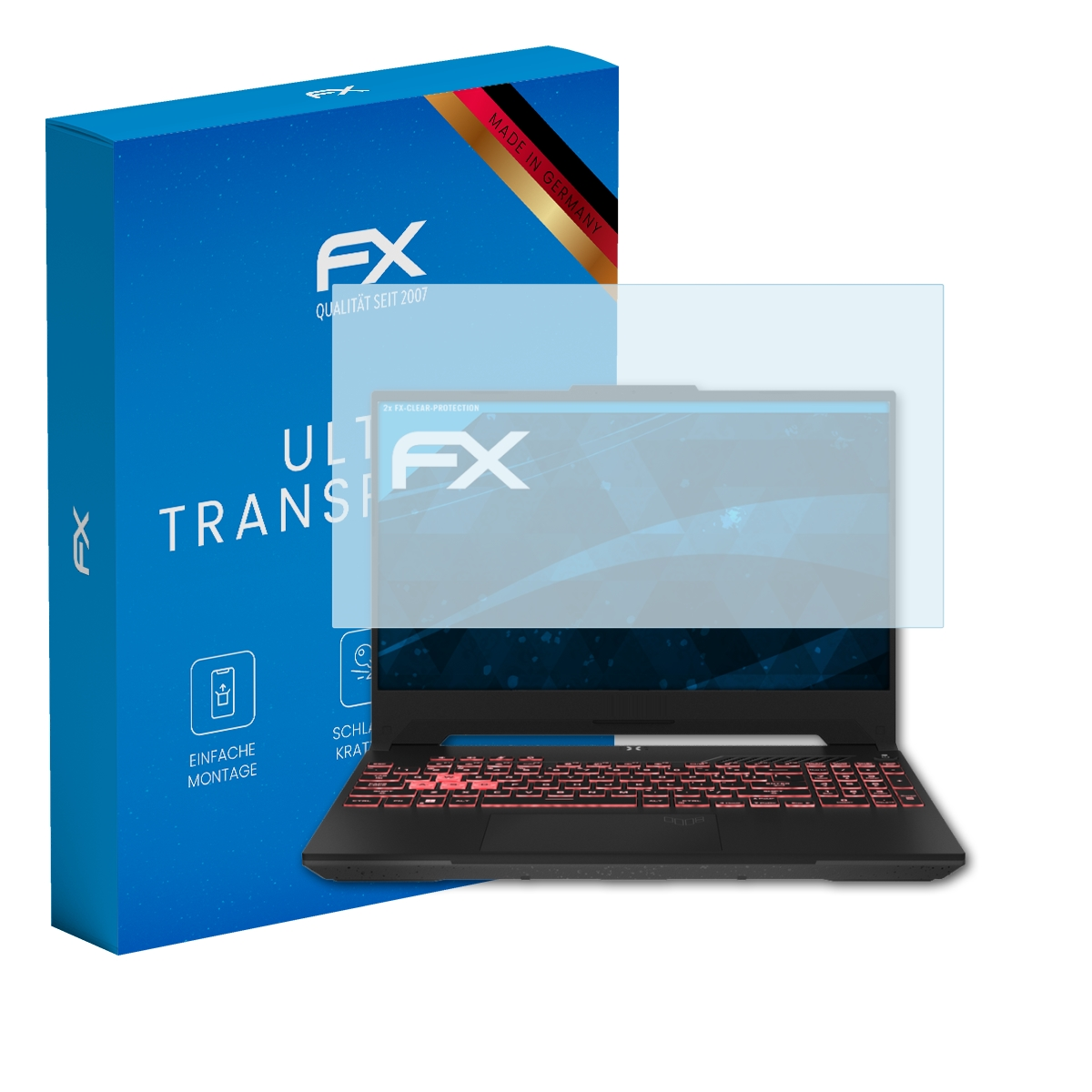 Laptop mit Displayschutzfolie und blauer Box. Text auf der Box. Made in Germany. Rote Tastaturbeleuchtung.