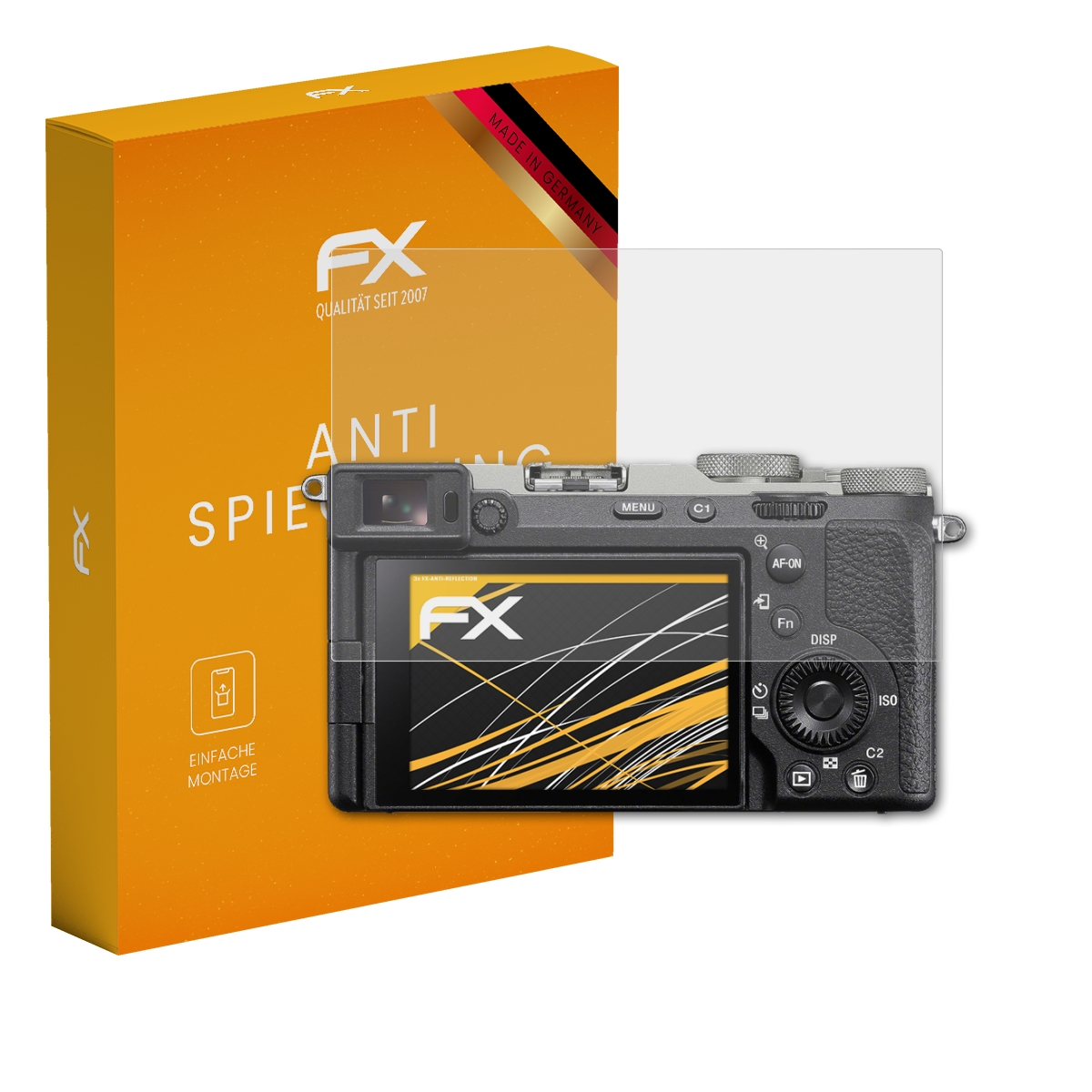 Ein Kamera-Displayschutz, Kamera und Box liegen auf einer weißen Oberfläche.