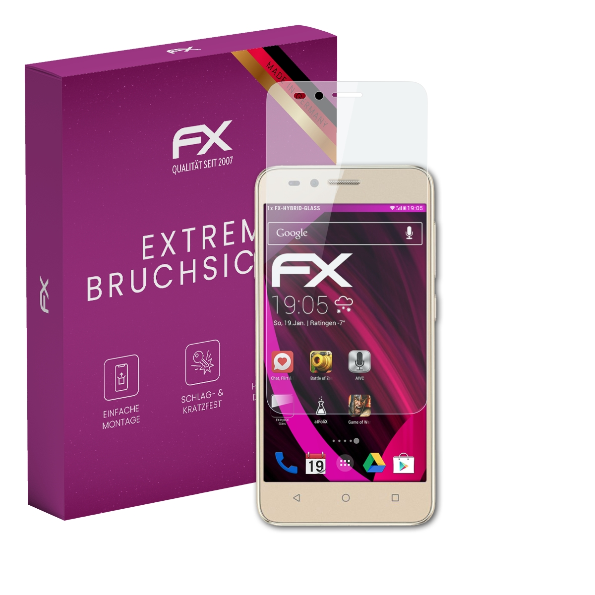 Ein Telefon mit Displayschutzfolie neben einer lila Box mit Text und Logo.