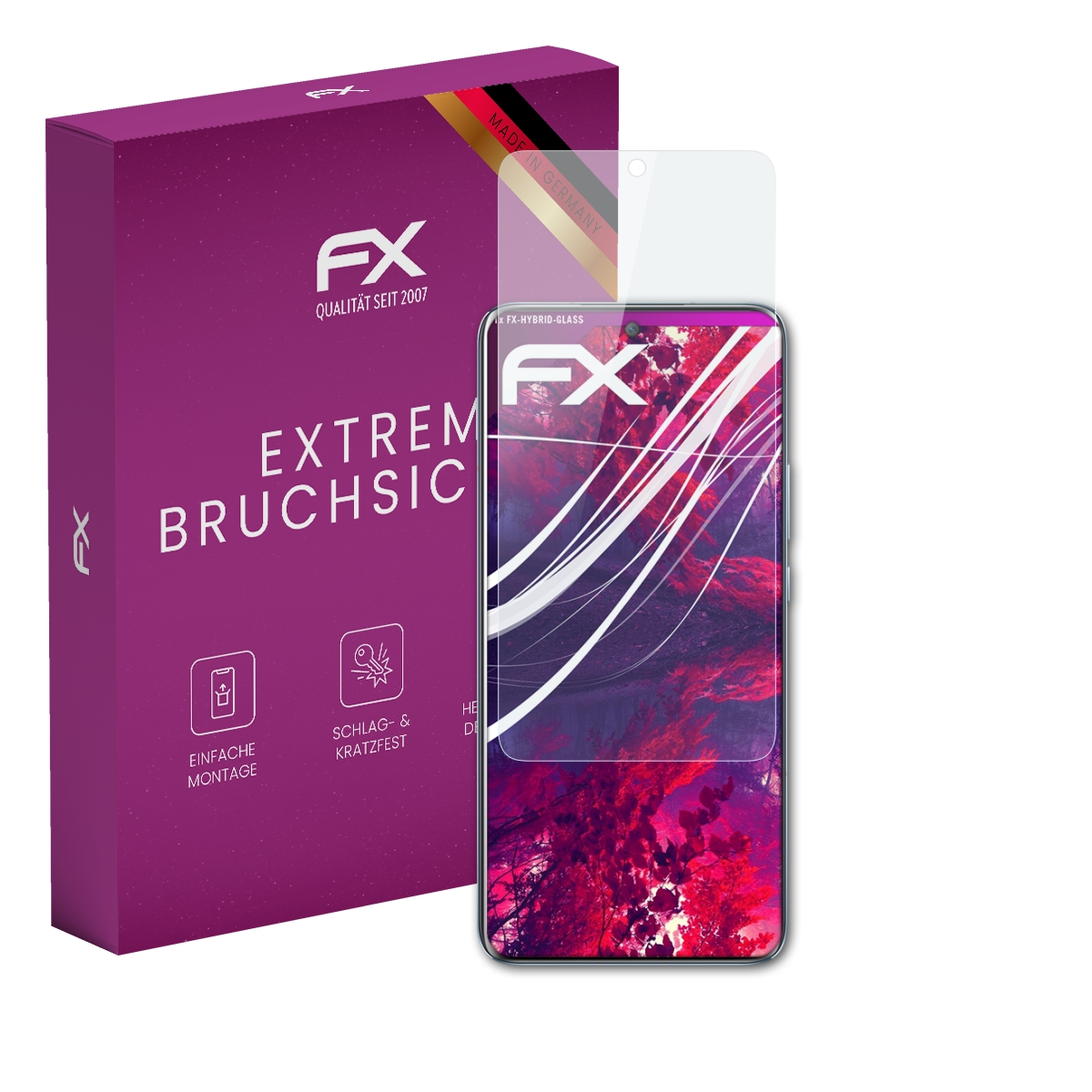 Ein Displayschutz auf einem Telefon vor einer lila Box mit Text und Logo. Hergestellt in Deutschland.