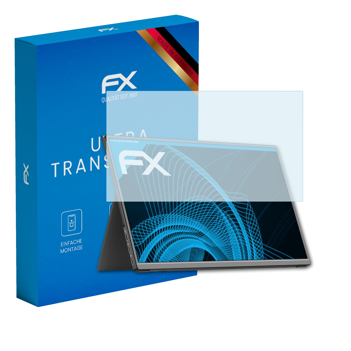 Ein Displayschutz und eine Box sind abgebildet. Der Schutz liegt auf dem Laptop-Bildschirm. Die Box hat Text.
