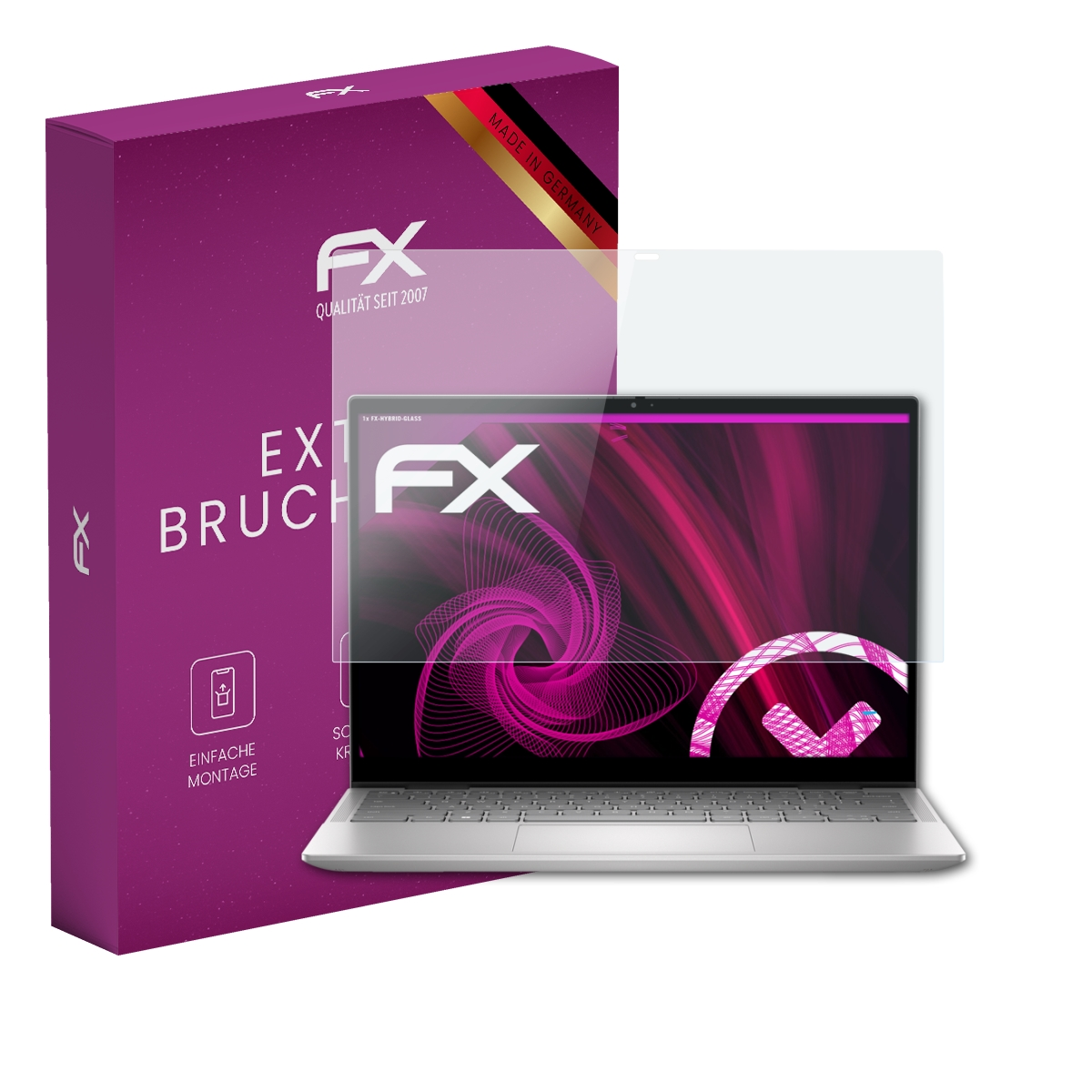 Laptop mit Displayschutz, neben einer lilafarbenen Box mit der Aufschrift 'Extreme Bruchsicher'.