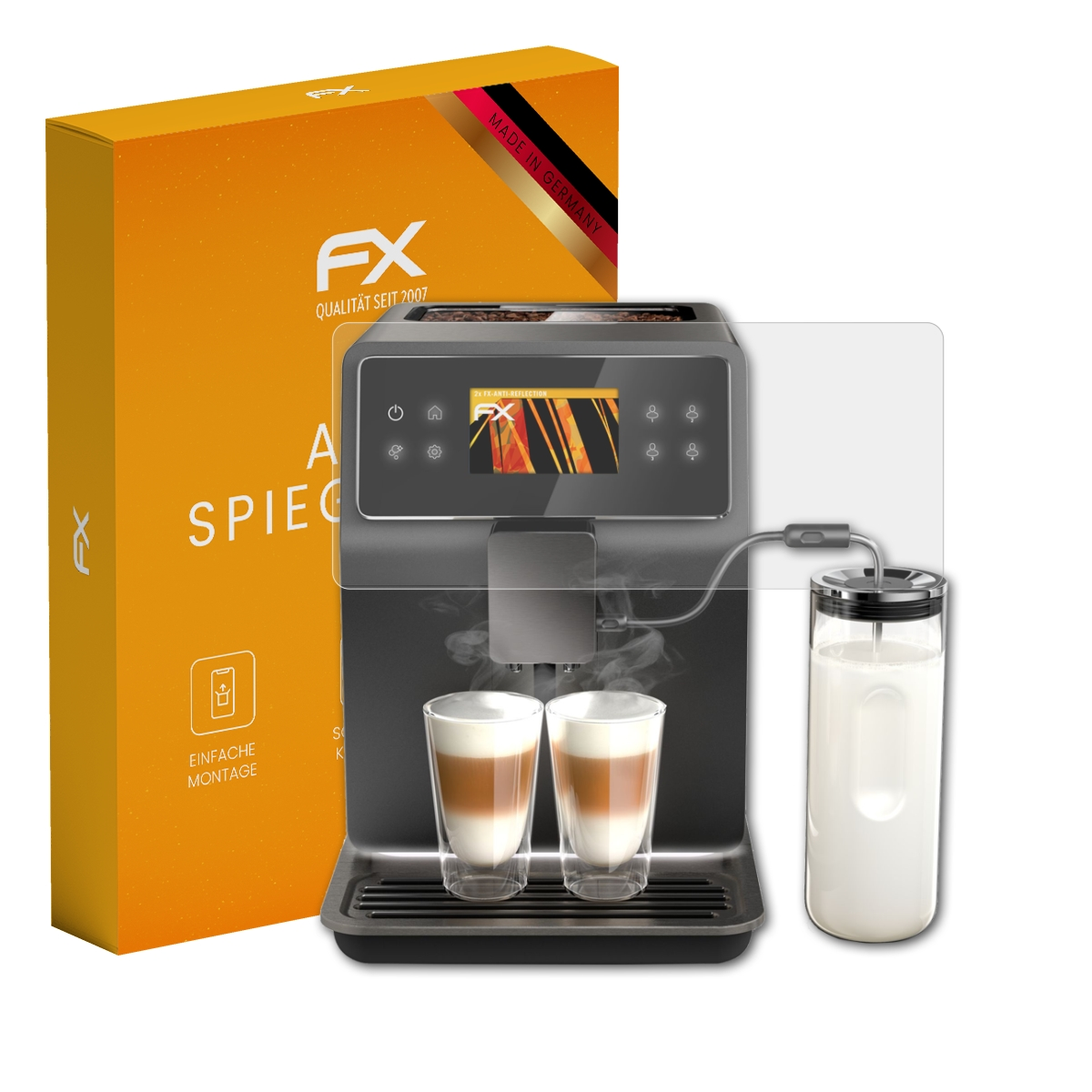 Eine orangefarbene Schachtel, eine Kaffeemaschine und eine Displayschutzfolie.
