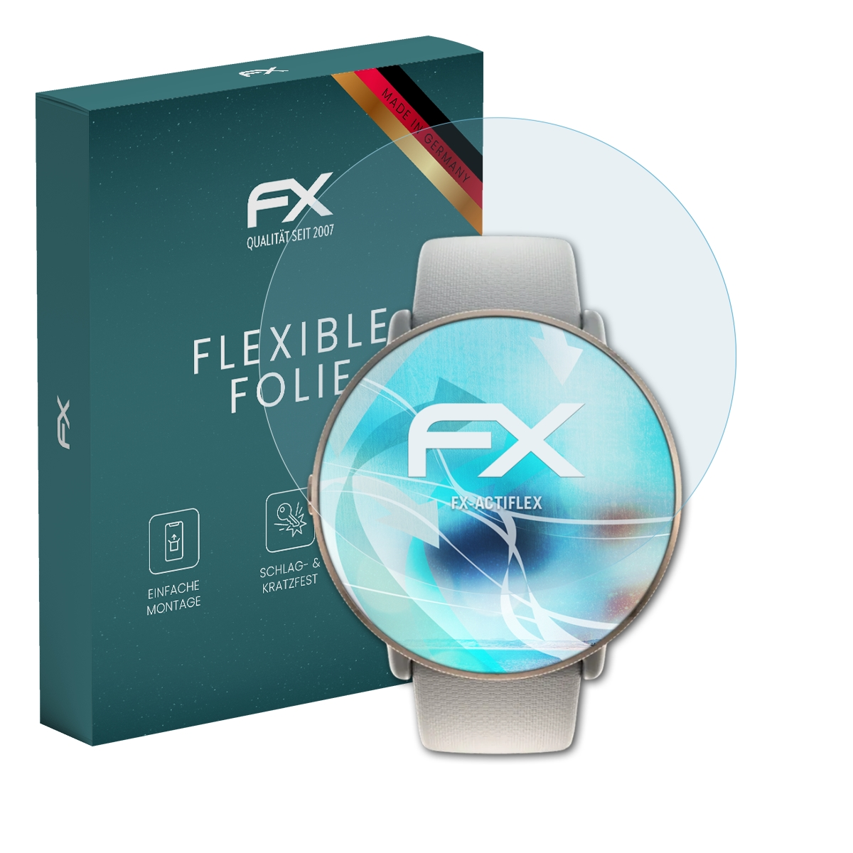 Eine Smartwatch mit Displayschutzfolie und eine Schachtel mit FX-Logo und Text FLEXIBLE FOLIE, für Smartwatch.