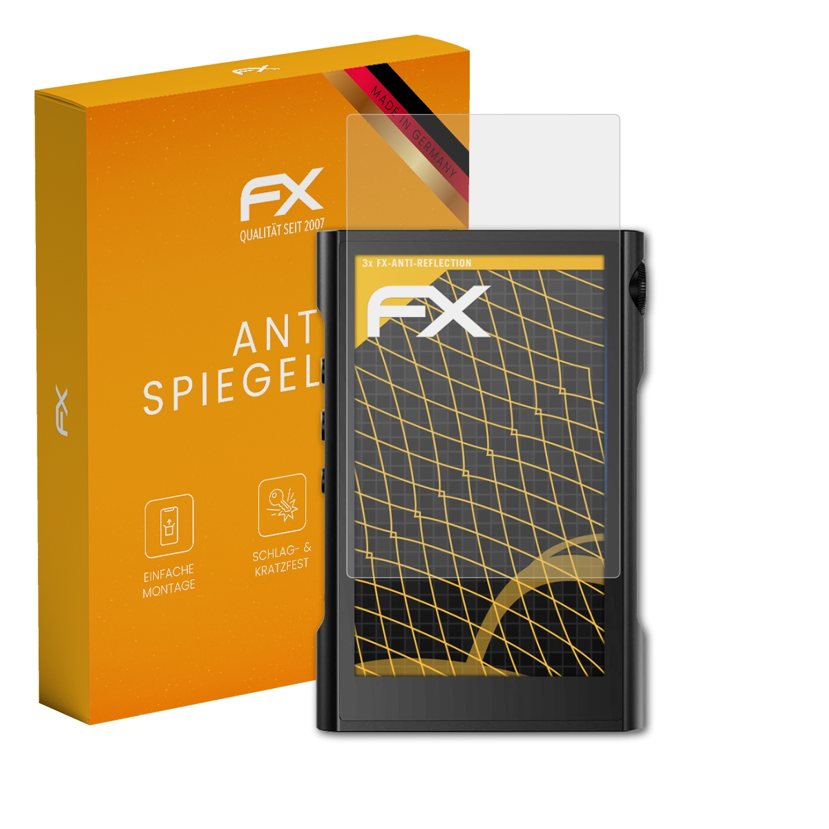Ein schwarzes Gerät mit Displayschutz neben einer orangefarbenen Box.