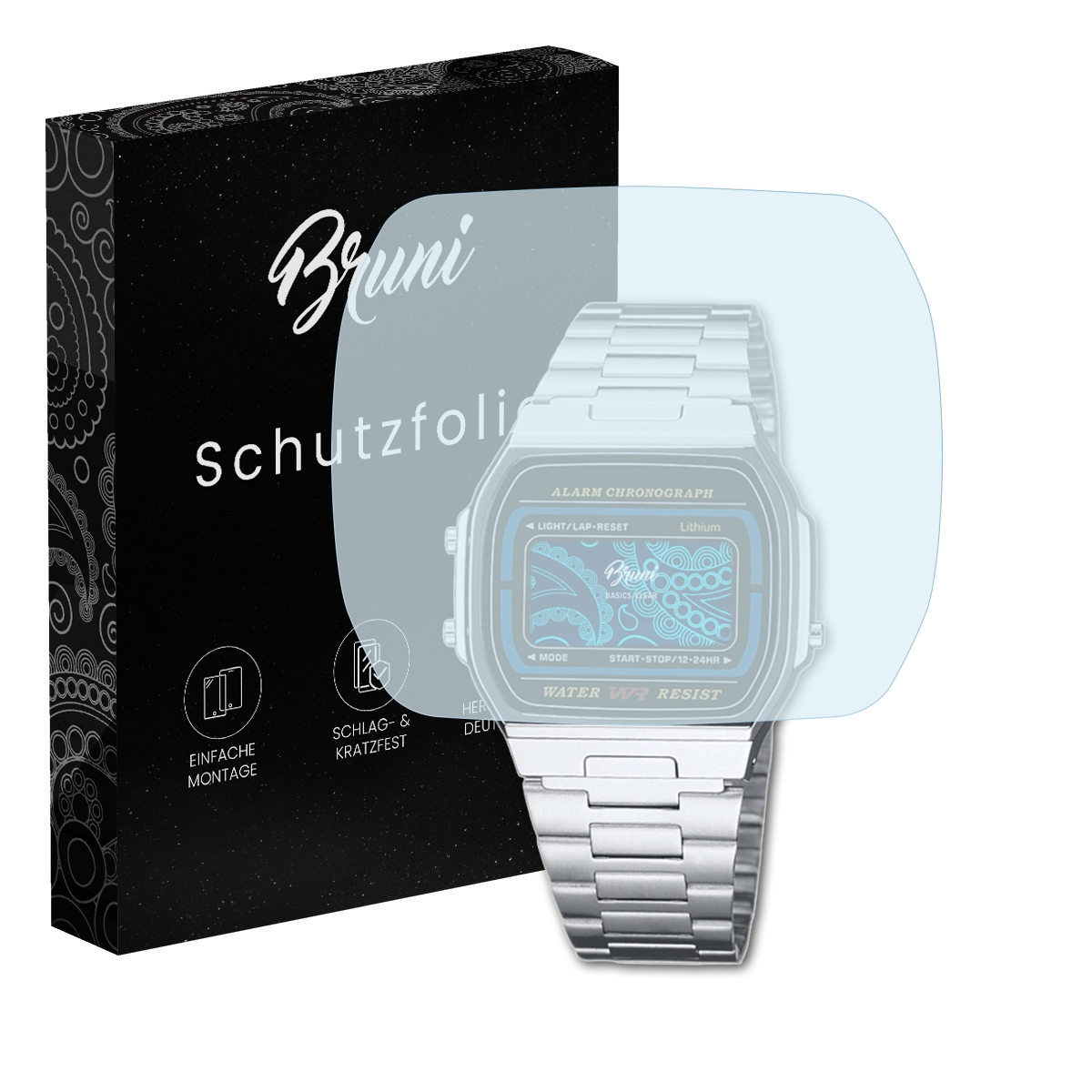 Eine Uhr mit Displayschutzfolie und eine schwarze Schachtel mit dem Bruni-Logo.