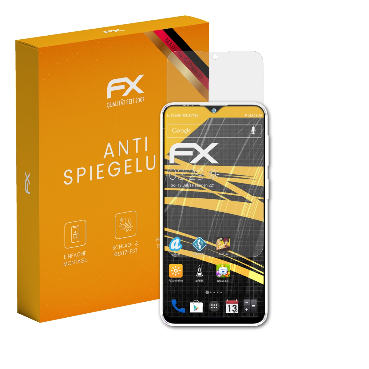 Ein Displayschutz liegt auf einem Telefonbildschirm neben einer orangefarbenen Box mit weißem Text.