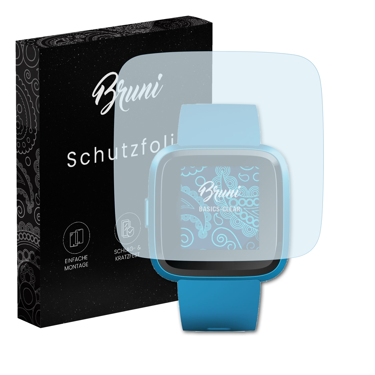 Smartwatch mit Displayschutz und schwarzer Box mit 'Bruni' und 'Schutzfolie' Text.