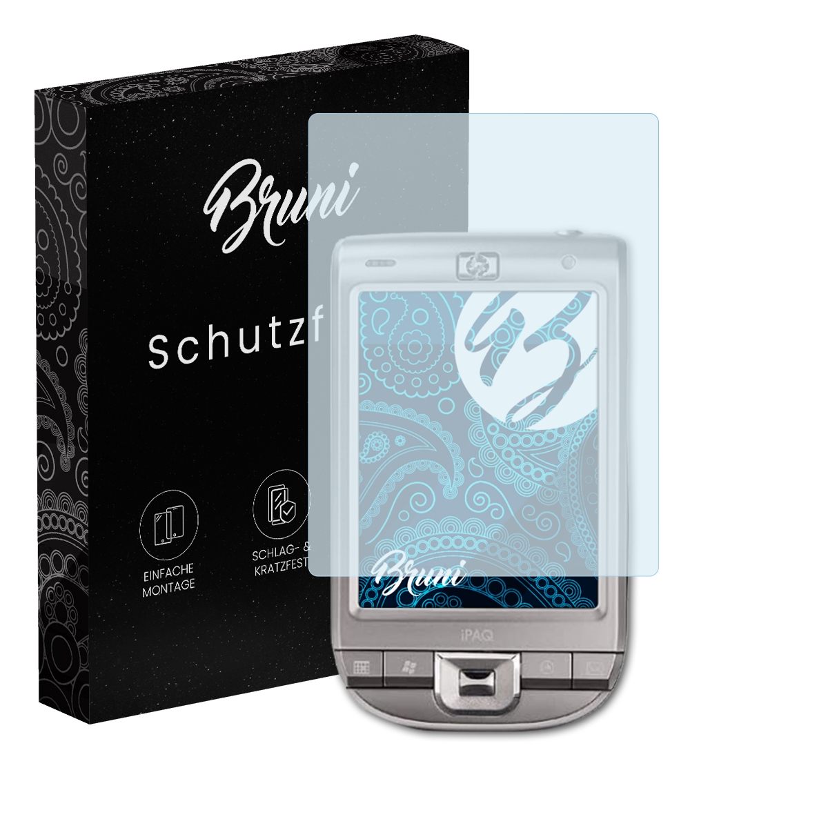 Ein silberner PDA mit Displayschutzfolie und eine schwarze Box mit dem 'Bruni'-Logo. Das Display hat ein Design.