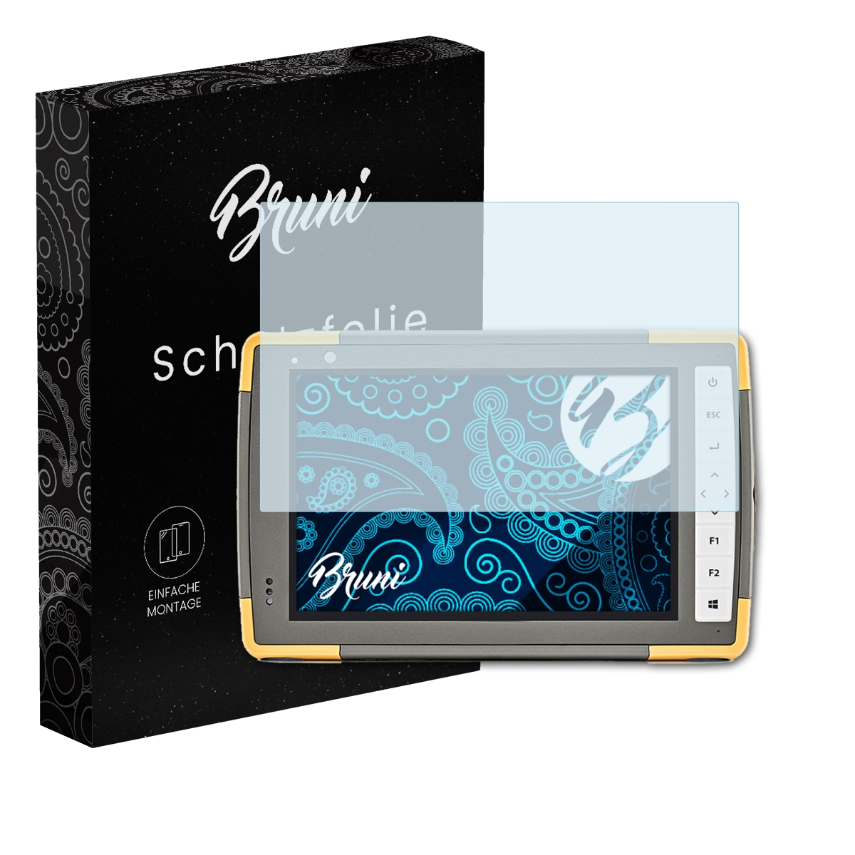 Gerät mit Displayschutz, neben schwarzer Box. Box und Displayschutz haben Logo.