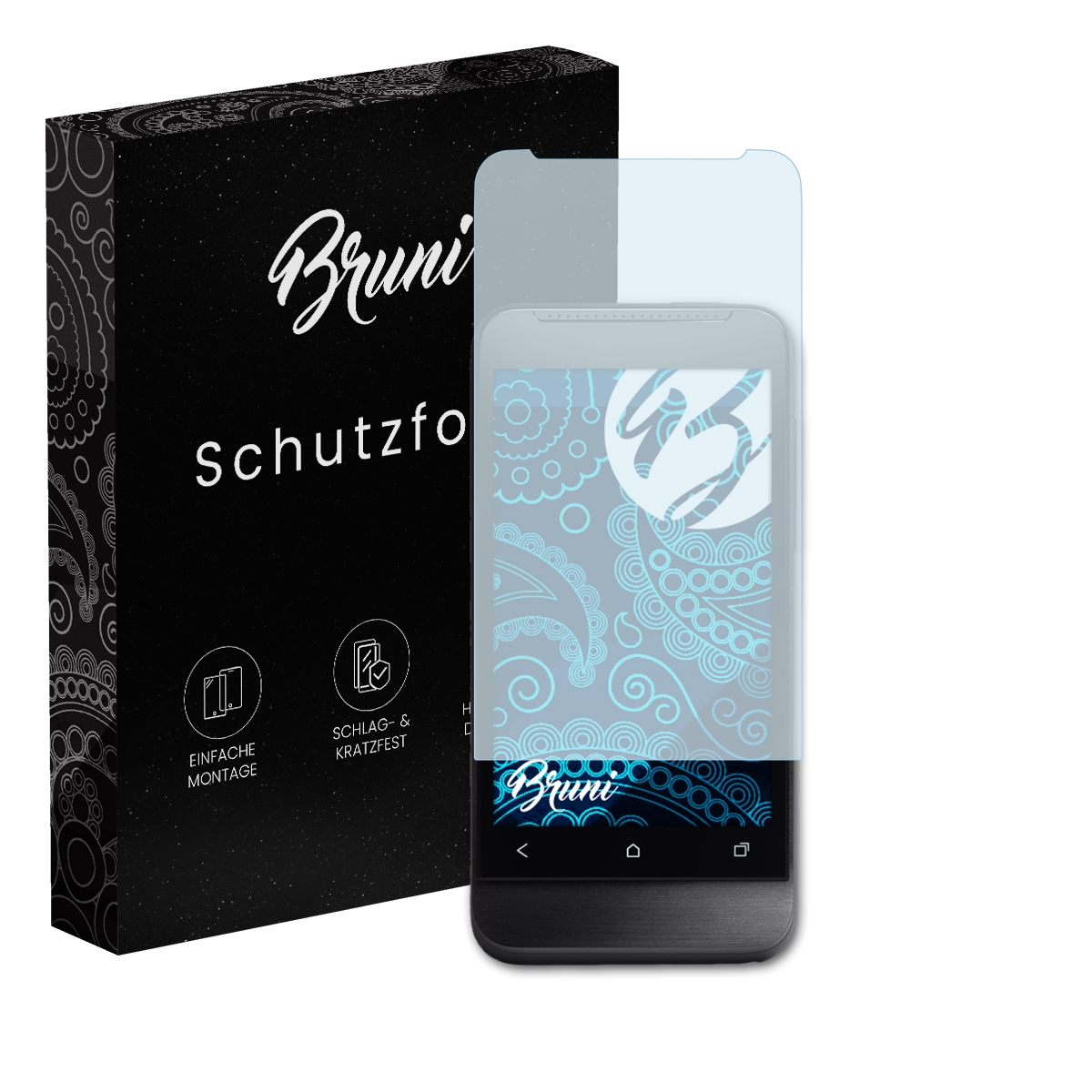 Telefon und Displayschutzfolie. Schwarze Box mit weißem Text. Schutz ist transparent. Telefon hat schwarzen Rahmen.
